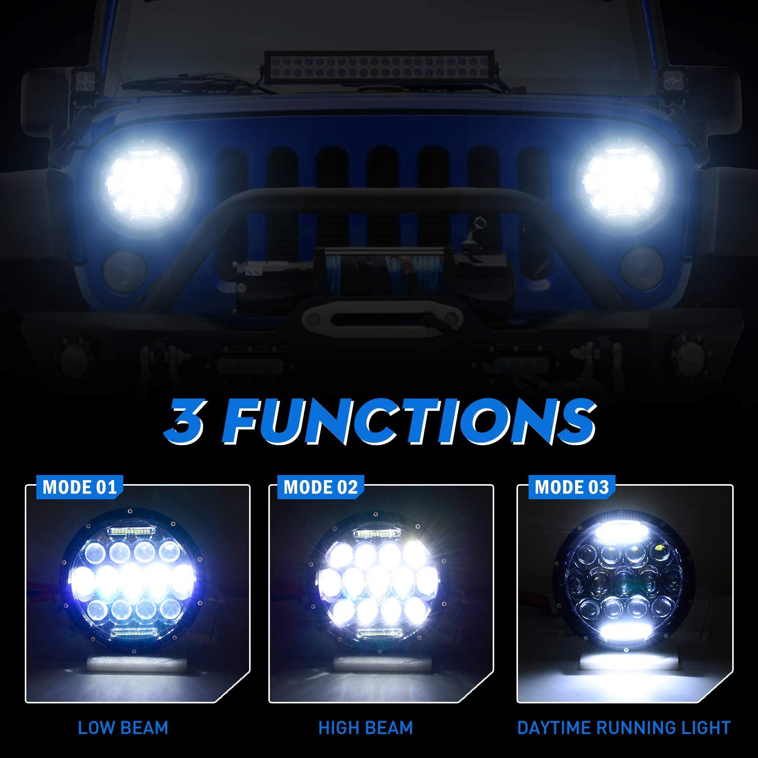 NTXGlow 7-inch round LED headlight with high/low beam for cars and motorcycles, includes H4 H13 adapters, 2-pack.