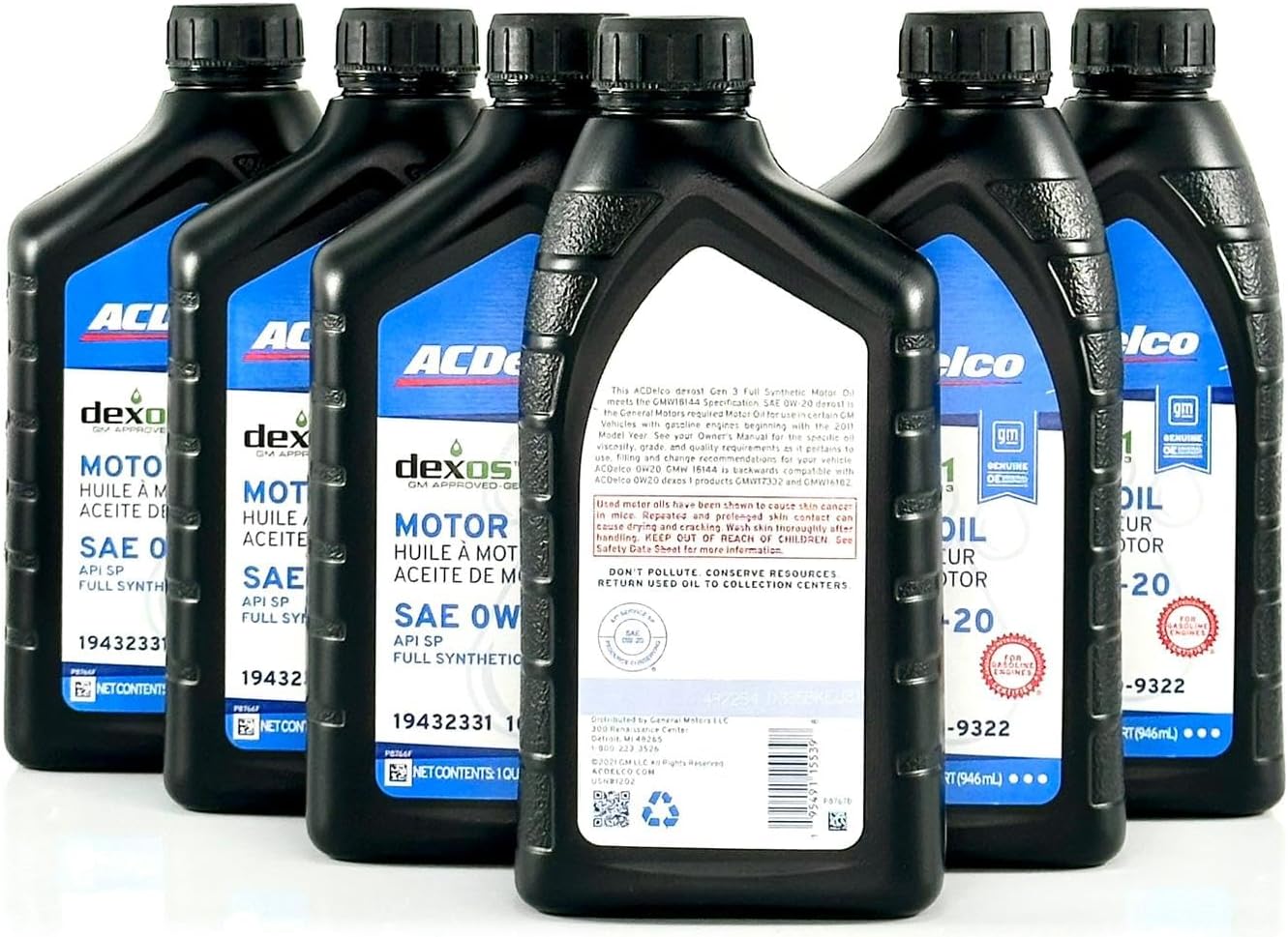 ACDelco 10-9322 19432331 dexos1 GEN 3 Full Synthetic 0W-20 Motor Oil - For 5.3L L82/L84 & 6.2L L87 | Case of 6 Quarts