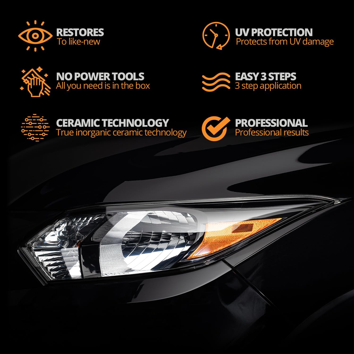 CERAKOTE® Ceramic Headlight Restoration Kit, No Power Tools, 10 Wipe Kit | Restores clouded, yellowed headlights, ceramic UV protection, 3-step wipe system, no power tools needed