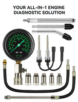 AUTOWN Professional Compression Tester Kit with Fluorescent Gauge – 300 PSI Triple-Scale, 2 Spark Plug Testers, 13-Piece Set for Car, Truck, ATV & Small Gas Engines