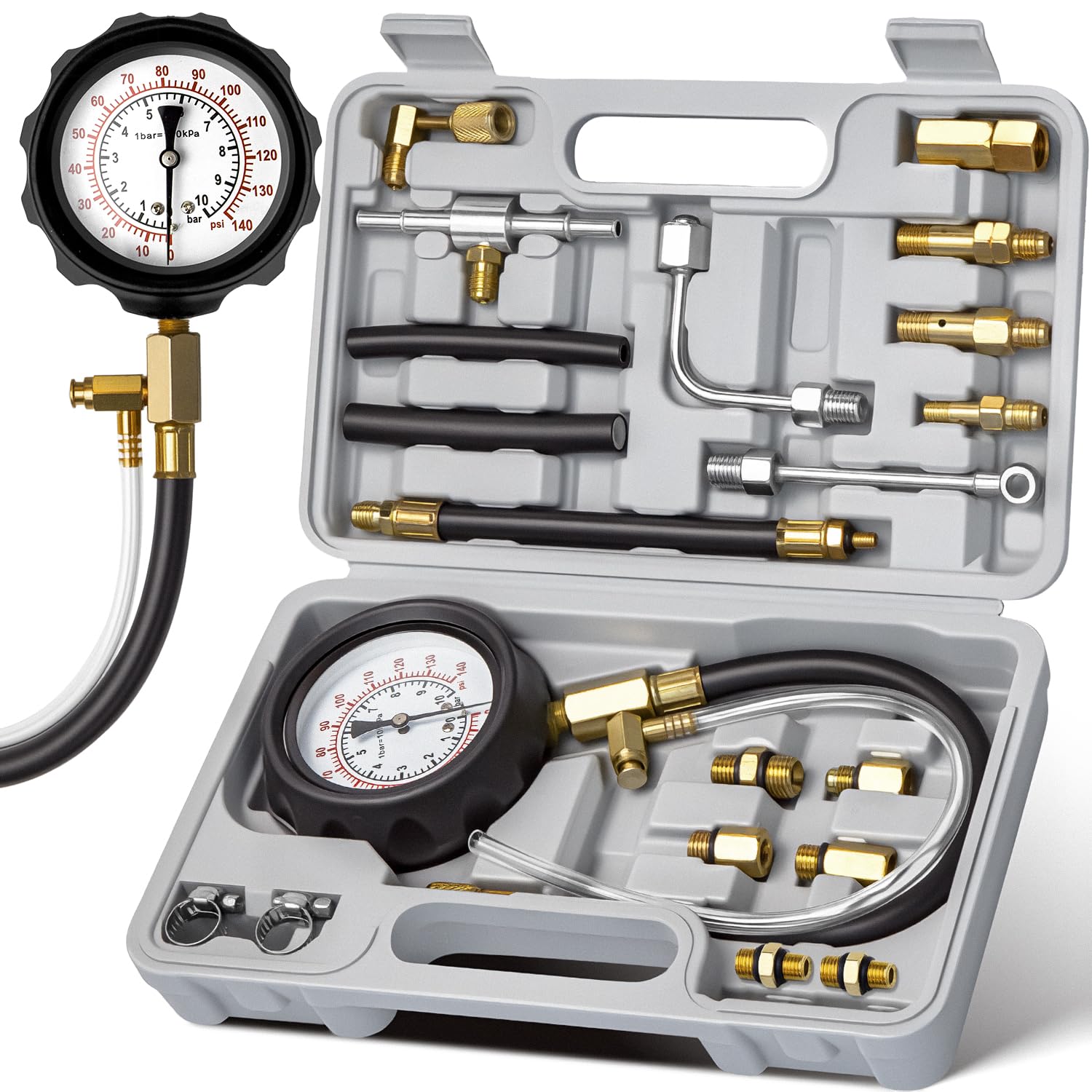 AUTOWN 45-Piece Pro Fuel Pressure Tester Kit, 0-140 PSI Fluorescent Glow Gauge, Complete Adapters for Gasoline Cars, Trucks & SUVs