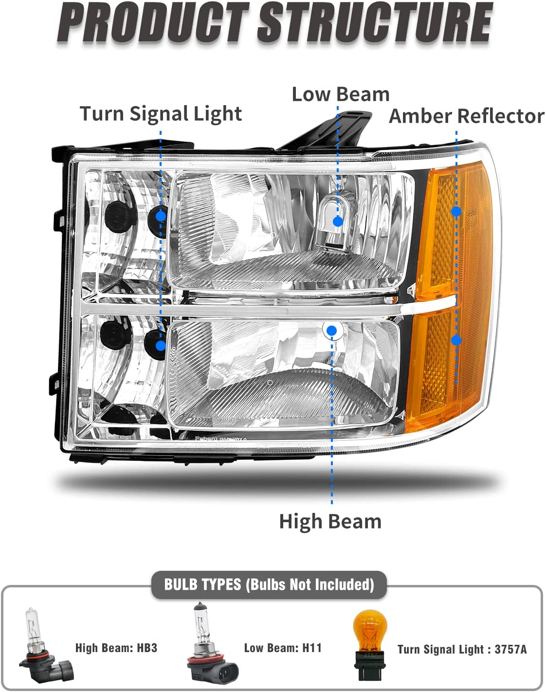 Pair of NTXGlow chrome headlight assemblies for GMC Sierra 2007-2014, with amber reflectors, for left and right sides.