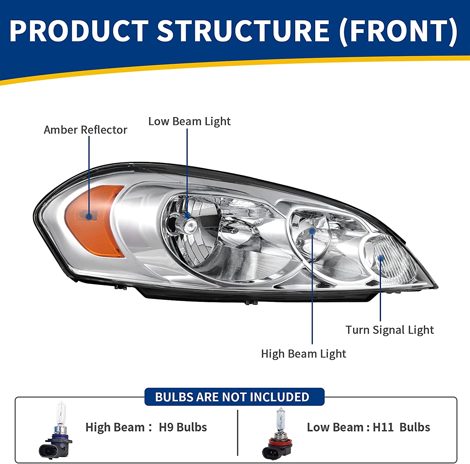 NTXGlow Autosaver88 headlight assembly for 2006-2013 Chevy Impala and Monte Carlo, chrome housing with amber reflector and clear lens