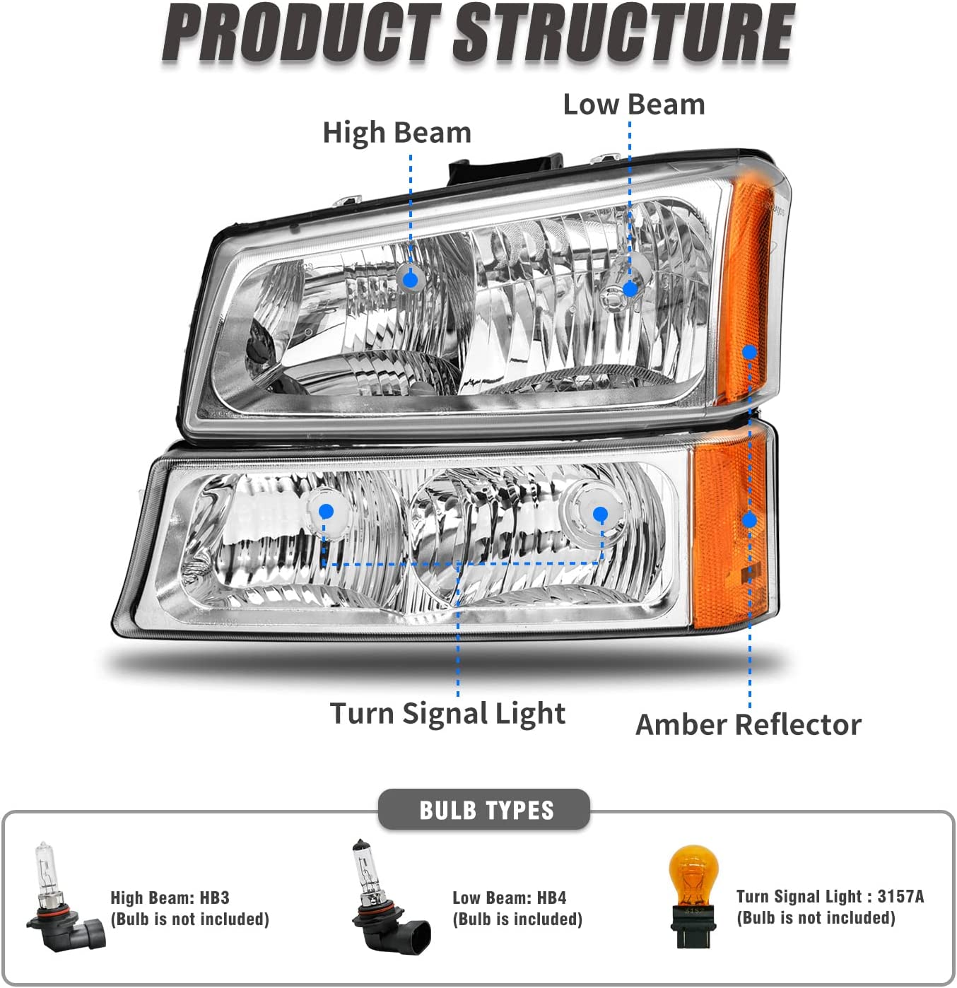 NTXGlow Silverado headlight assembly for Chevy Avalanche 2003-2006 with clear chrome lens and amber reflector, front left and right.