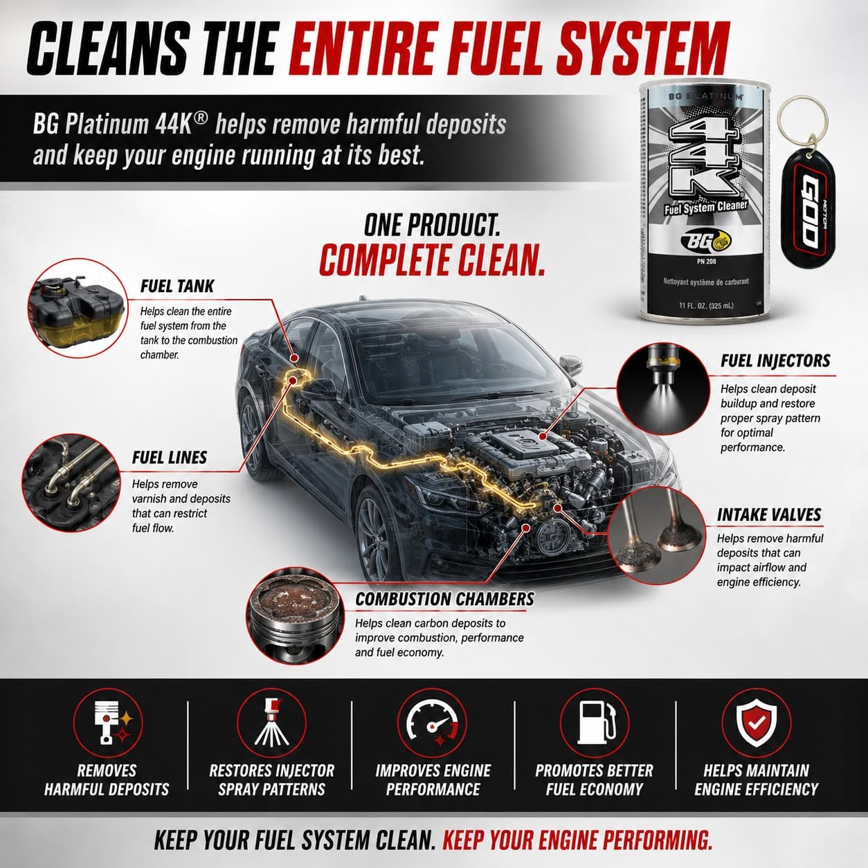 BG Platinum 44K Fuel System Cleaner, 4 Pack 11 oz Cans, Gasoline Fuel Injector Cleaner for Cars, Trucks and SUVs, GDI and PFI Engines, Includes Keychain