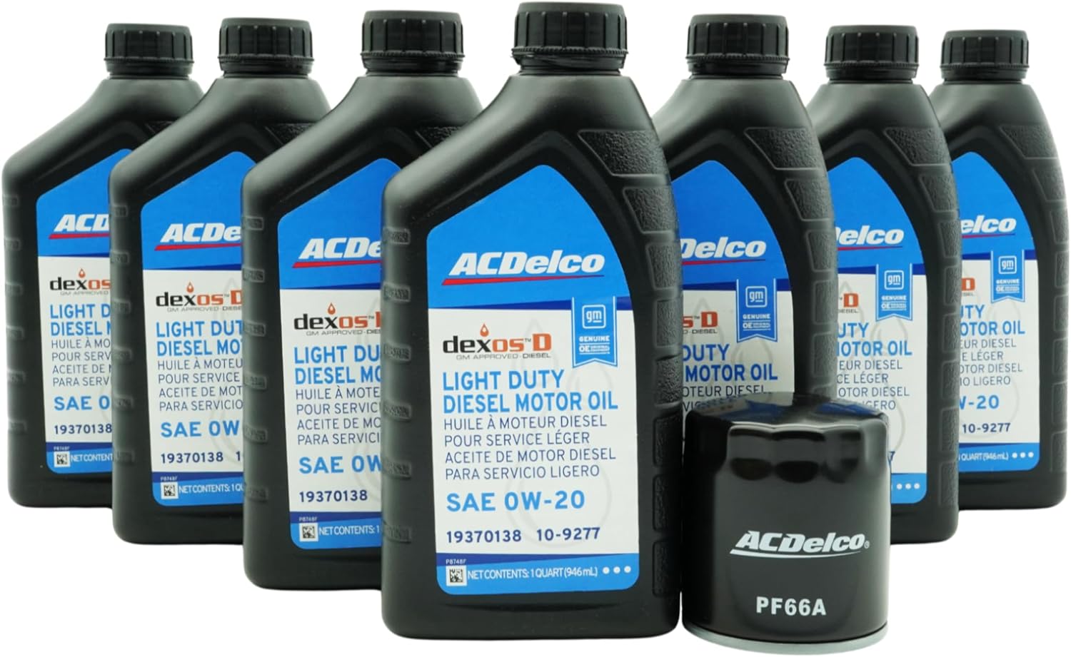 ACDelco dexosD SAE 0W-20 Light Duty Diesel Motor Oil Bundle with ACDelco PF66A Oil Filter for 3.0L Duramax Diesel Engines | 8 Items: 7 of 10-9277 (19370138) + 1 of PF66A (19458926)