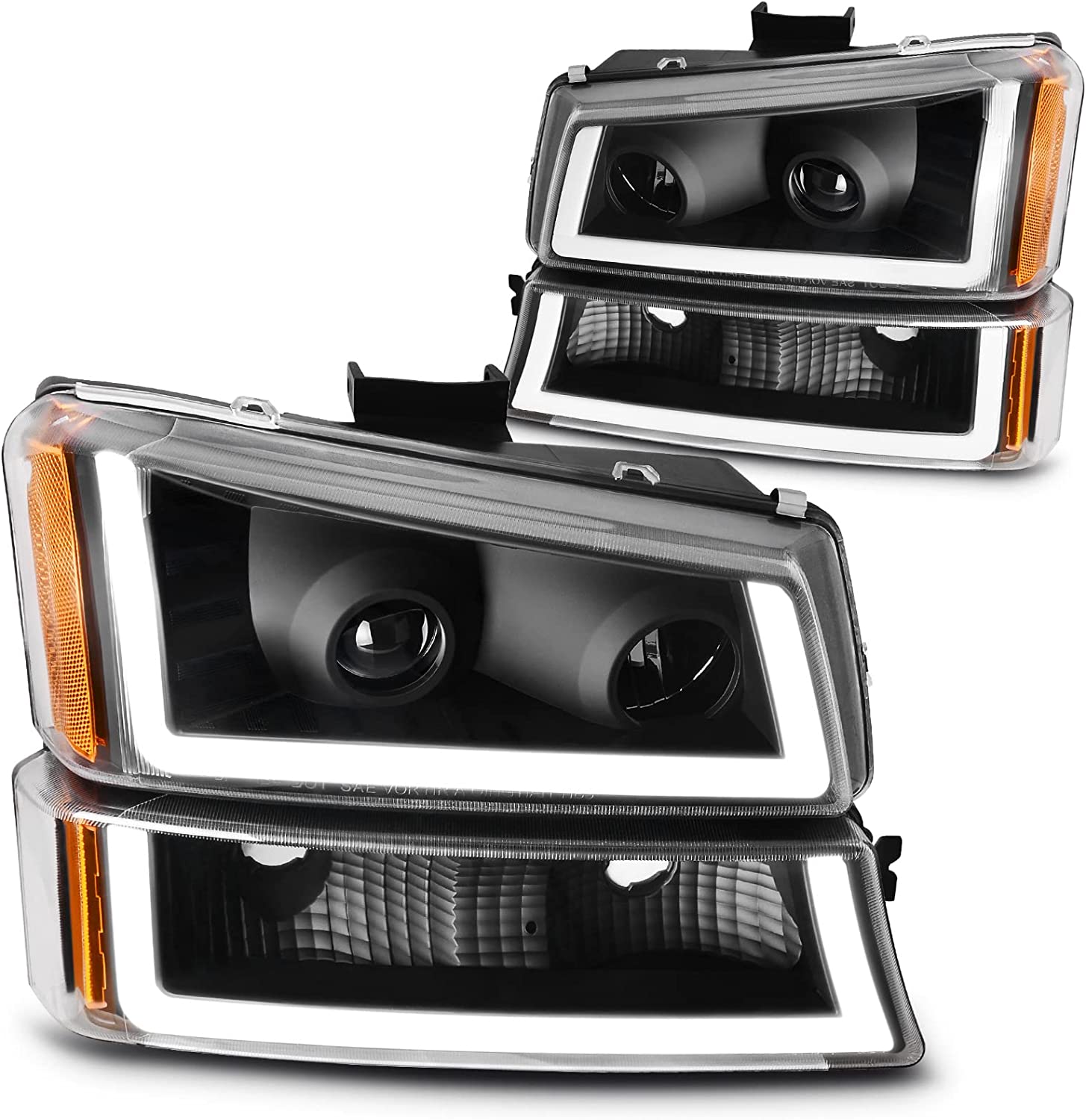 NTXGlow black clear housing headlight assembly compatible with Chevy Silverado Avalanche 1500, 2500, 3500 trucks, front lighting.