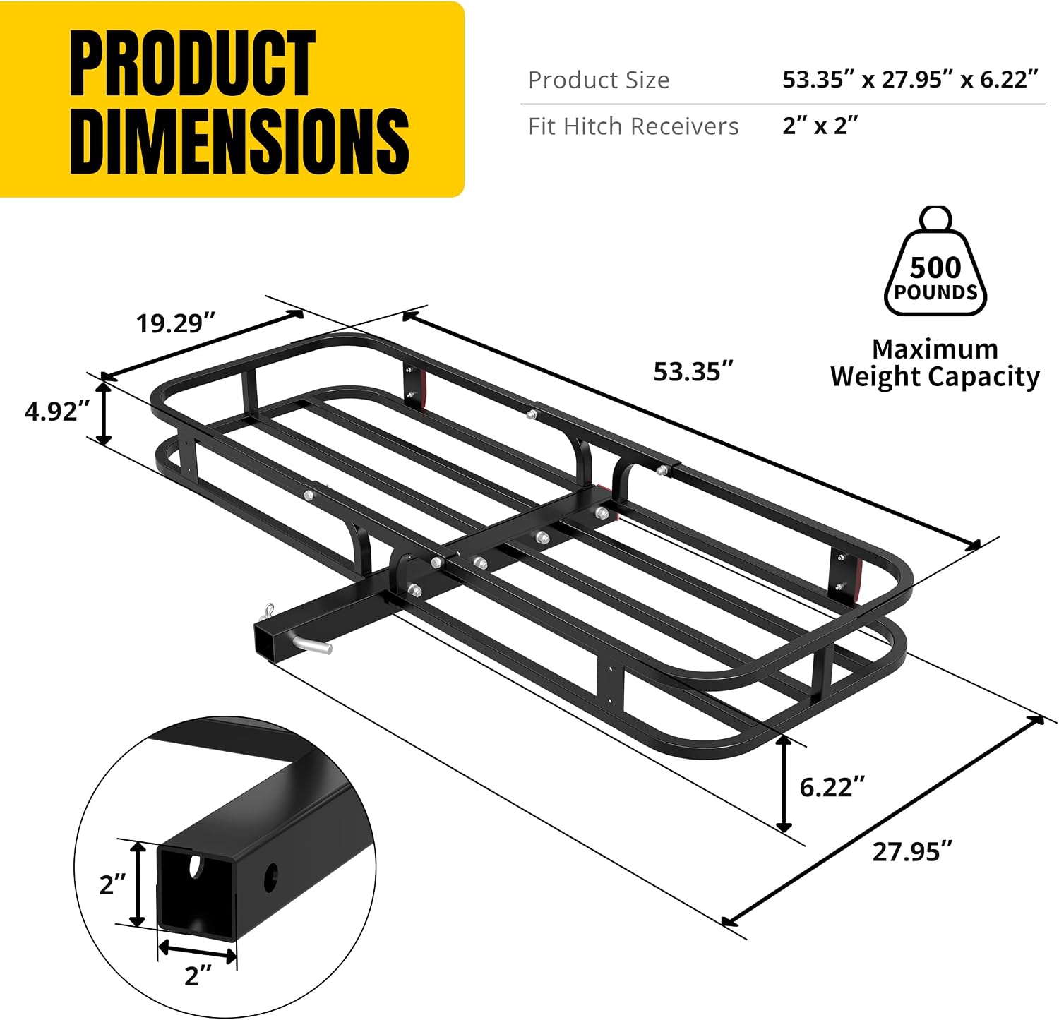 MaxxHaul 70107 53" x 19-1/2" Hitch Cargo Carrier - Trailer Mount Steel With High Side Rails For RV's, Trucks, SUV's, Vans, Cars 2" Receiver 500-lb Load Capacity , Black