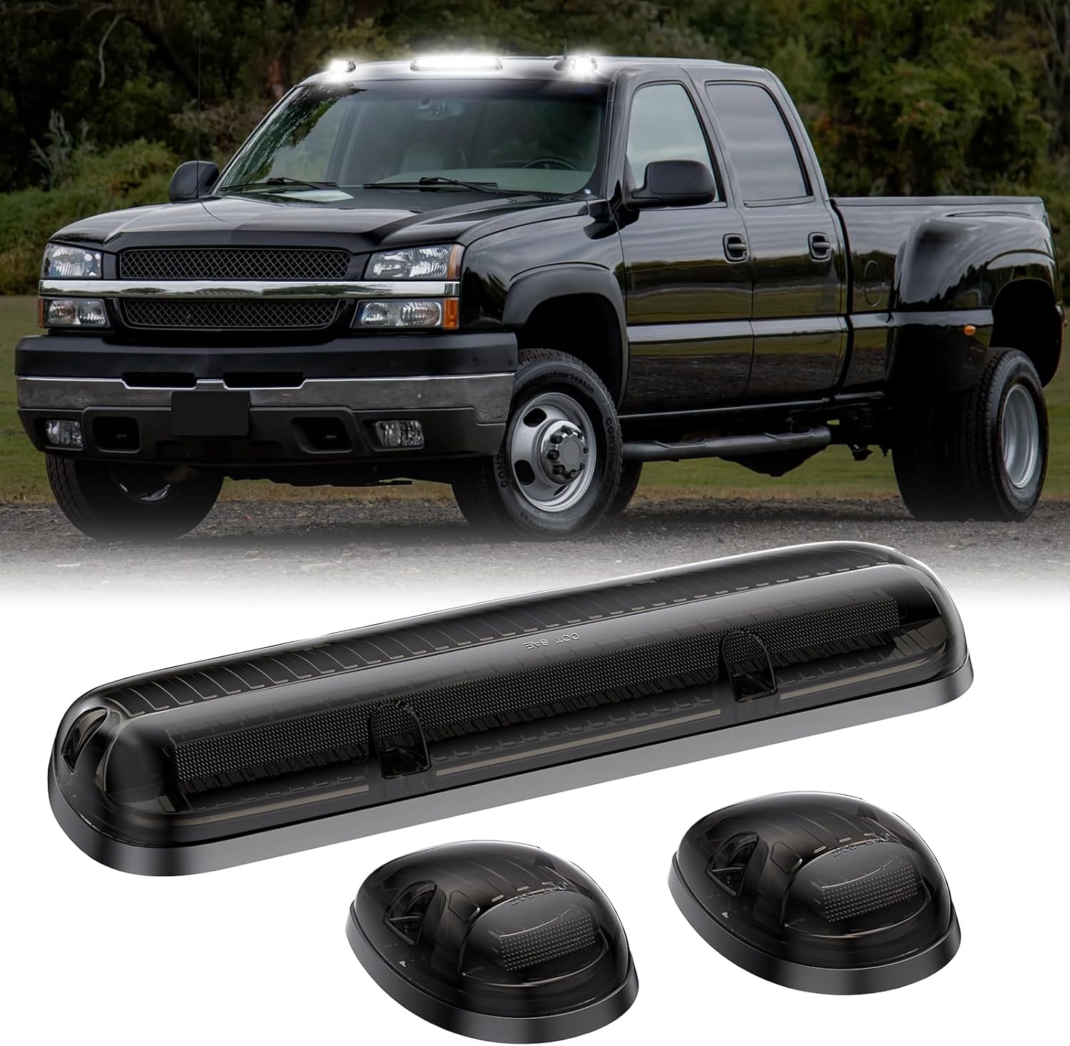 GMC Chevy HD roof cab lights with smoked white and amber LED lenses, exterior lighting for 2000-2006 models.