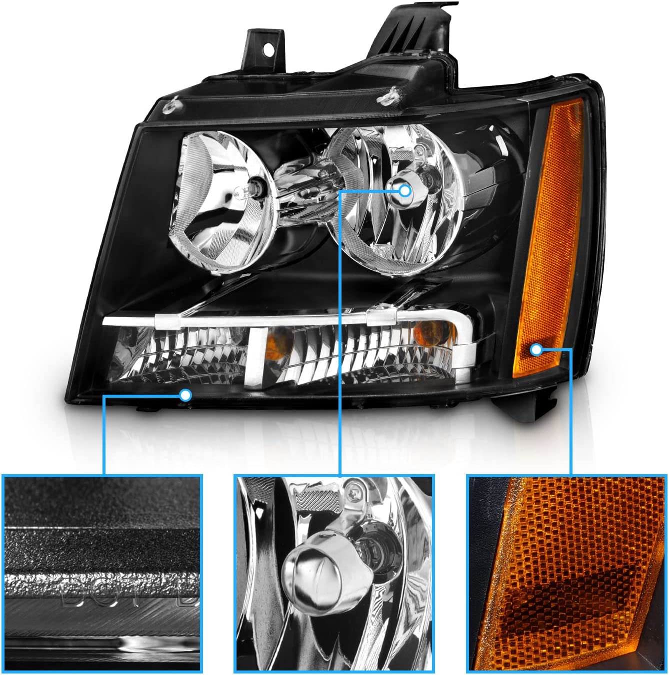 NTXGlow Amerilite black replacement headlights for Chevy Tahoe, Suburban, and Avalanche, driver and passenger side pair with housing.