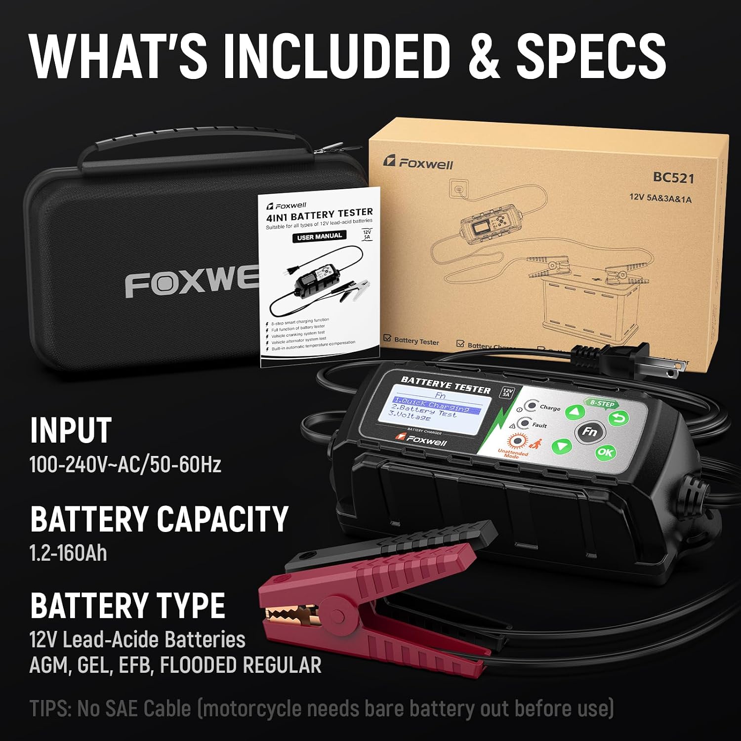 FOXWELL BC521 2-in-1 Battery Charger & Tester, Test Before Charging 12V 5A
