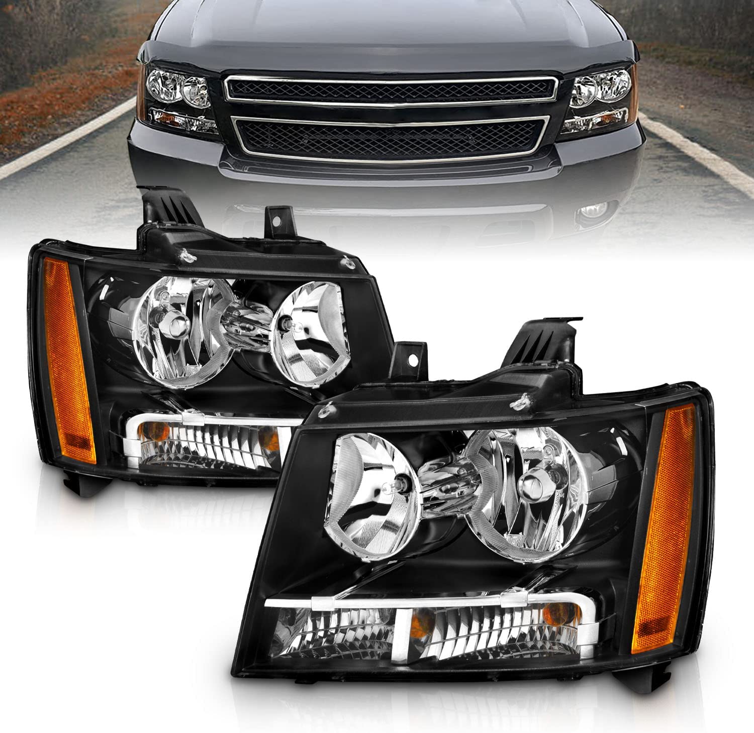 NTXGlow Amerilite black replacement headlights for Chevy Tahoe, Suburban, Avalanche, pair with driver and passenger side housing.