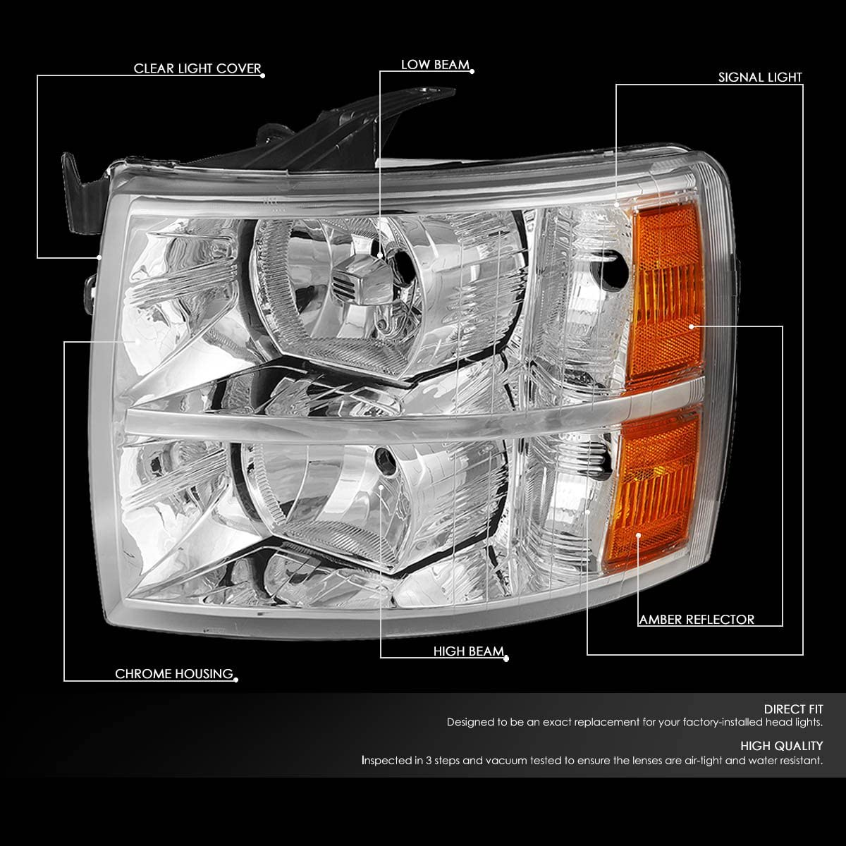 NTXGlow Dna Motoring Hlohcsil07cham chrome amber headlights for 2017-2023 Chevy Silverado 1500HD 2500HD 3500 truck, clear lens.