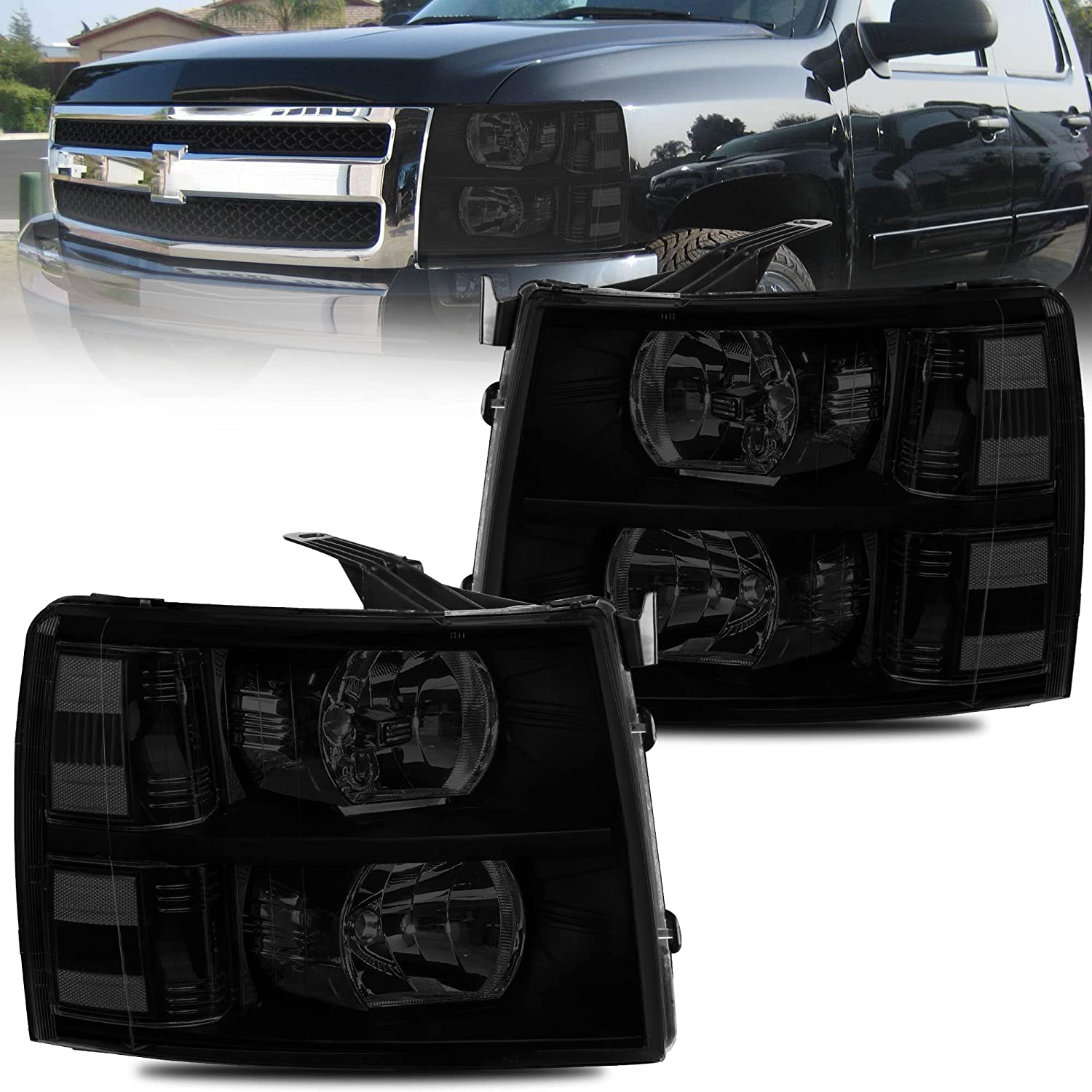 NTXGlow MOSTPLUS Chevy Silverado headlight assembly with black housing, clear lens, and amber reflector for 1500, 2500, 3500 models