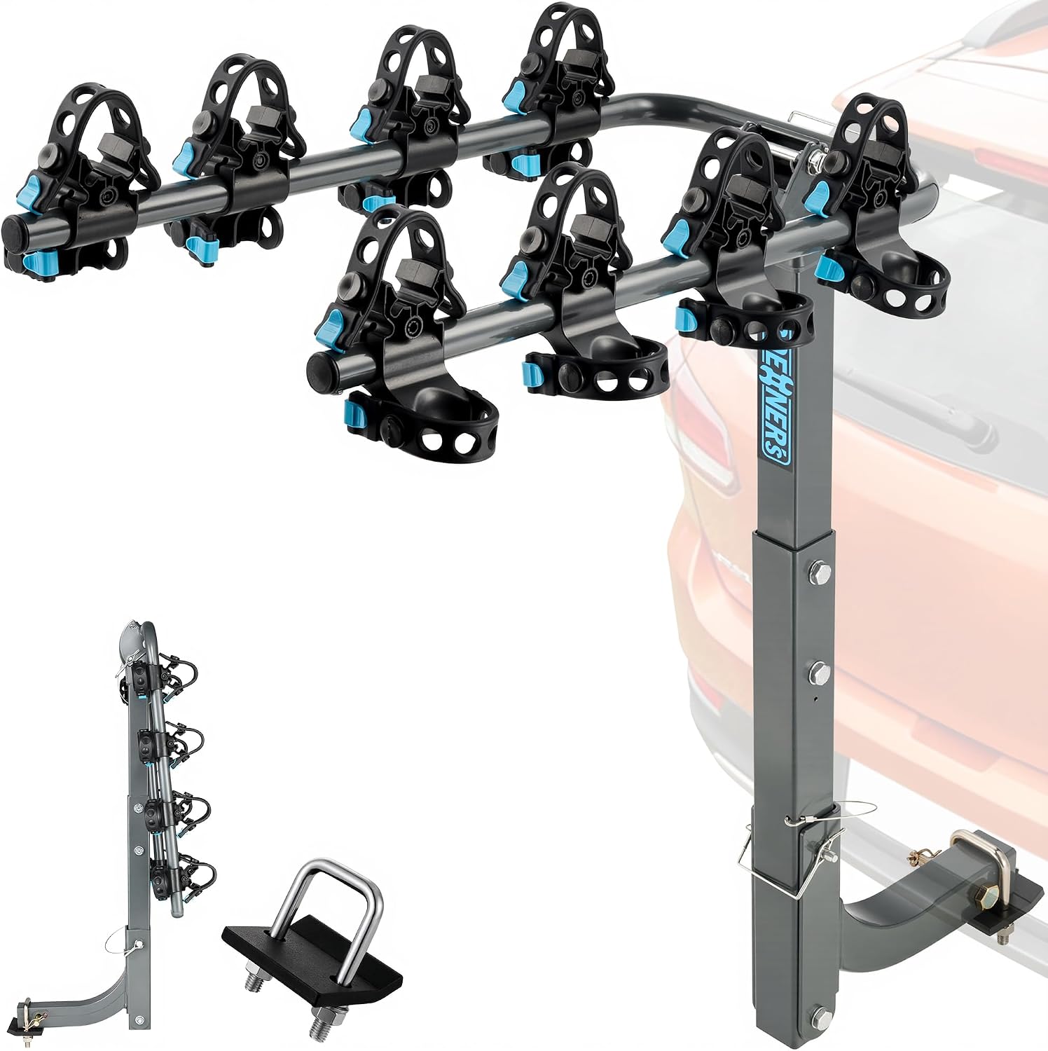 4 Bike Hitch Mount Rack, 240lbs Dual-Cradle 2" Receiver for Car SUV Truck | Anti-Sway Design, Tilt-Down Rear Access, Anti-Rattle Stabilizer, Powder Coated Steel, for Mountain Road Bikes