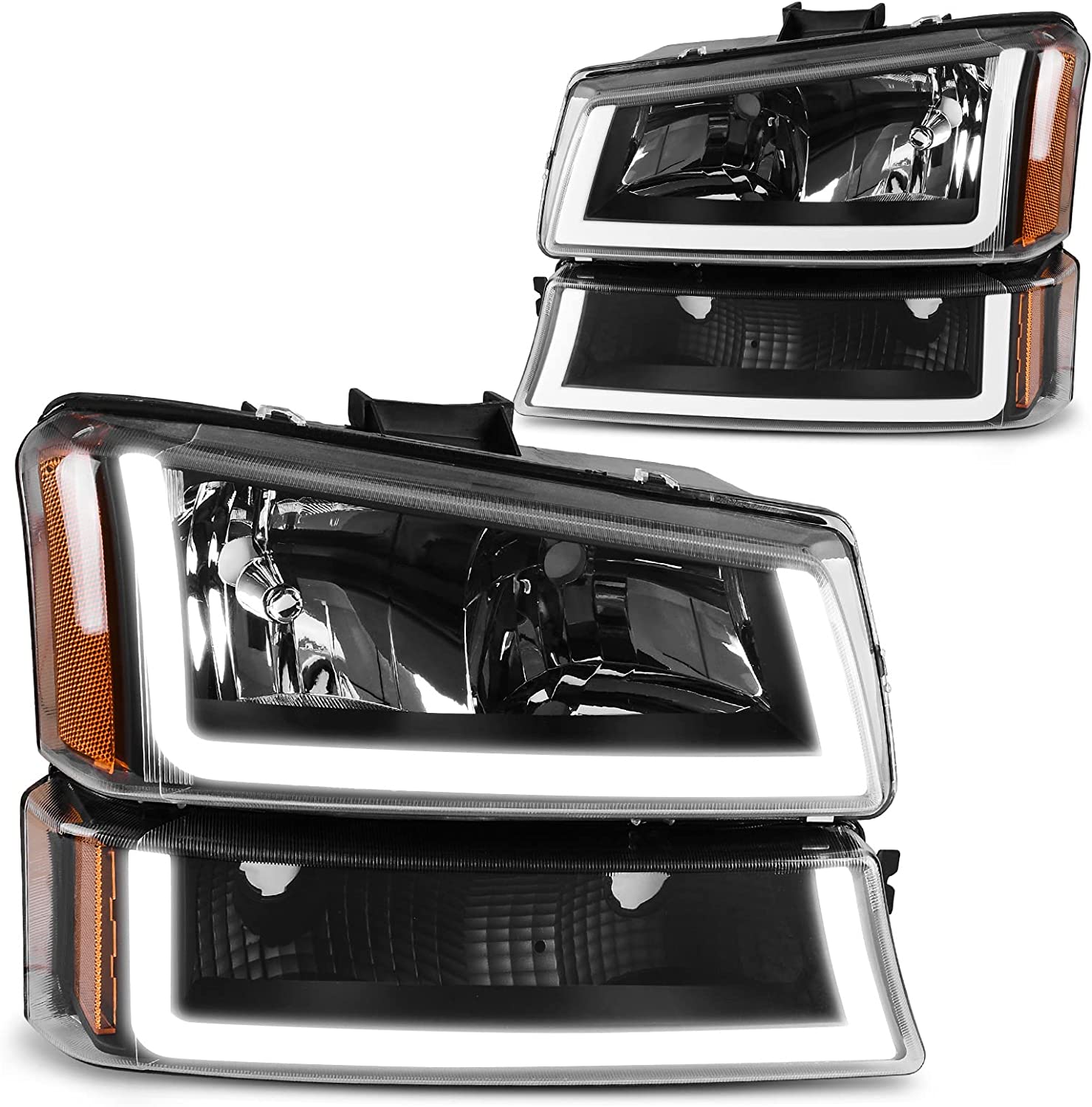 NTXGlow black and clear housing headlight assembly for Chevy Silverado Avalanche 1500, 2500, 3500, with LED lighting and durable build.