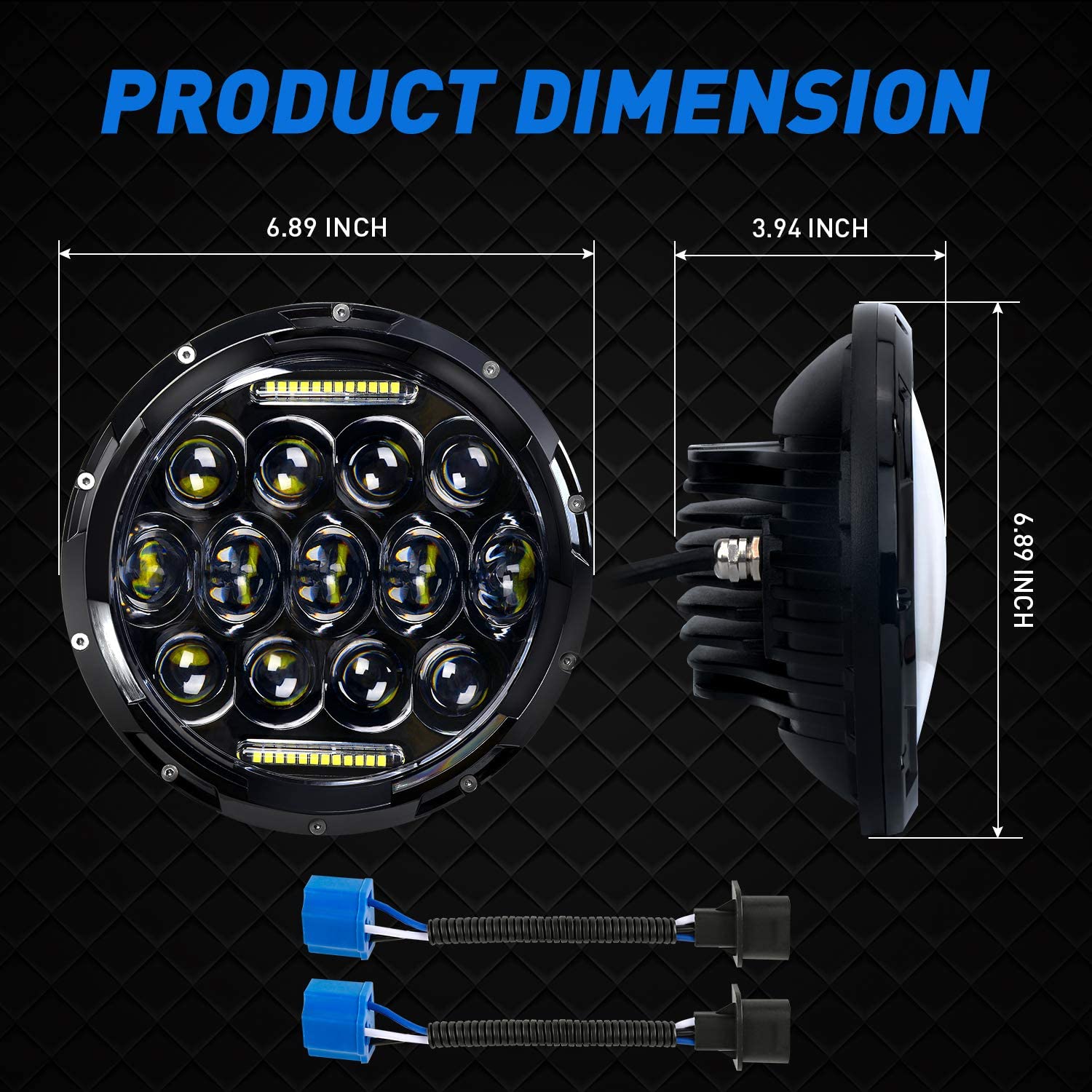 NTXGlow 7-inch round LED headlight with high/low beam, daytime running light, for car and motorcycle, includes H4 H13 adapters, 2-pack