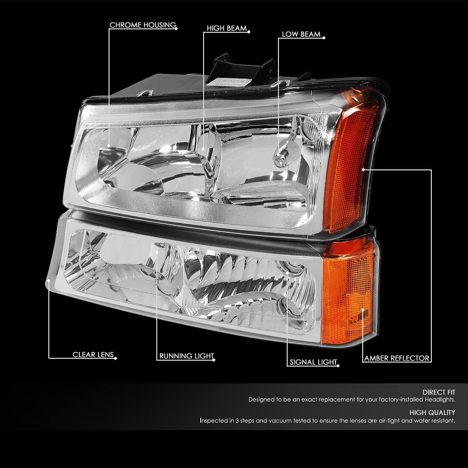 NTXGlow chrome amber headlights for 2003-2006 Chevy Silverado and Avalanche, Dna Motoring Hlohcs034pcham, front view with clear lenses