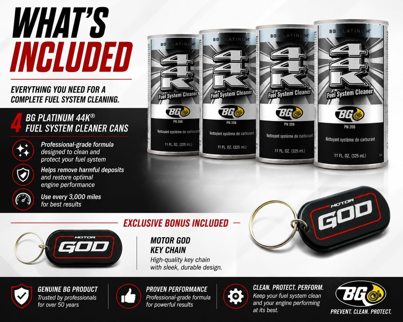 BG Platinum 44K Fuel System Cleaner, 4 Pack 11 oz Cans, Gasoline Fuel Injector Cleaner for Cars, Trucks and SUVs, GDI and PFI Engines, Includes Keychain