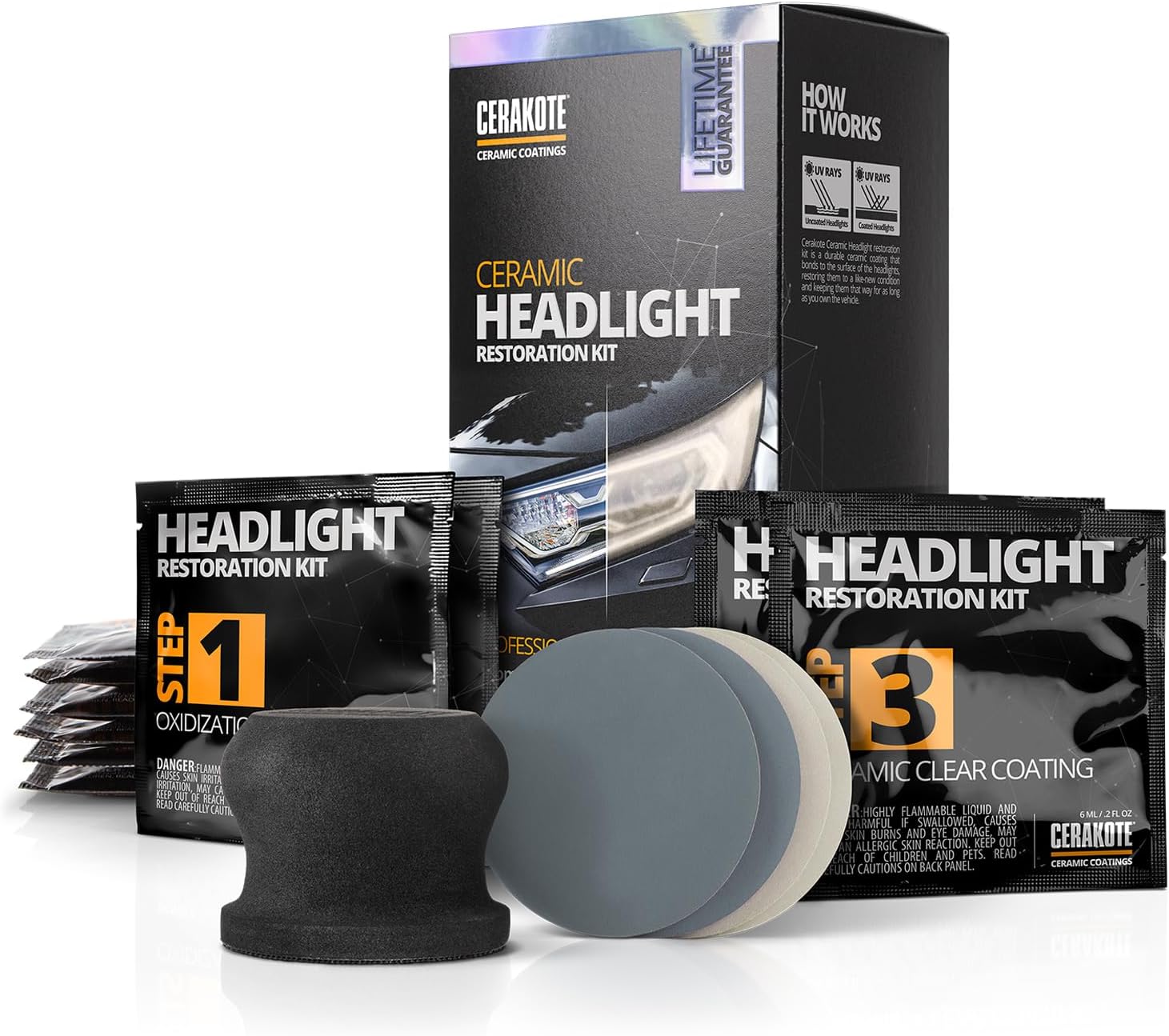 CERAKOTE® Ceramic Headlight Restoration Kit, No Power Tools, 10 Wipe Kit | Restores clouded, yellowed headlights, ceramic UV protection, 3-step wipe system, no power tools needed