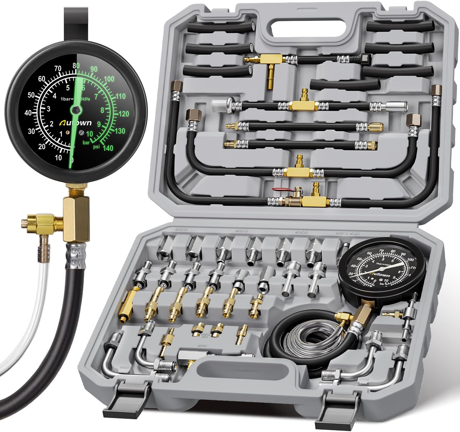 AUTOWN 45-Piece Pro Fuel Pressure Tester Kit, 0-140 PSI Fluorescent Glow Gauge, Complete Adapters for Gasoline Cars, Trucks & SUVs