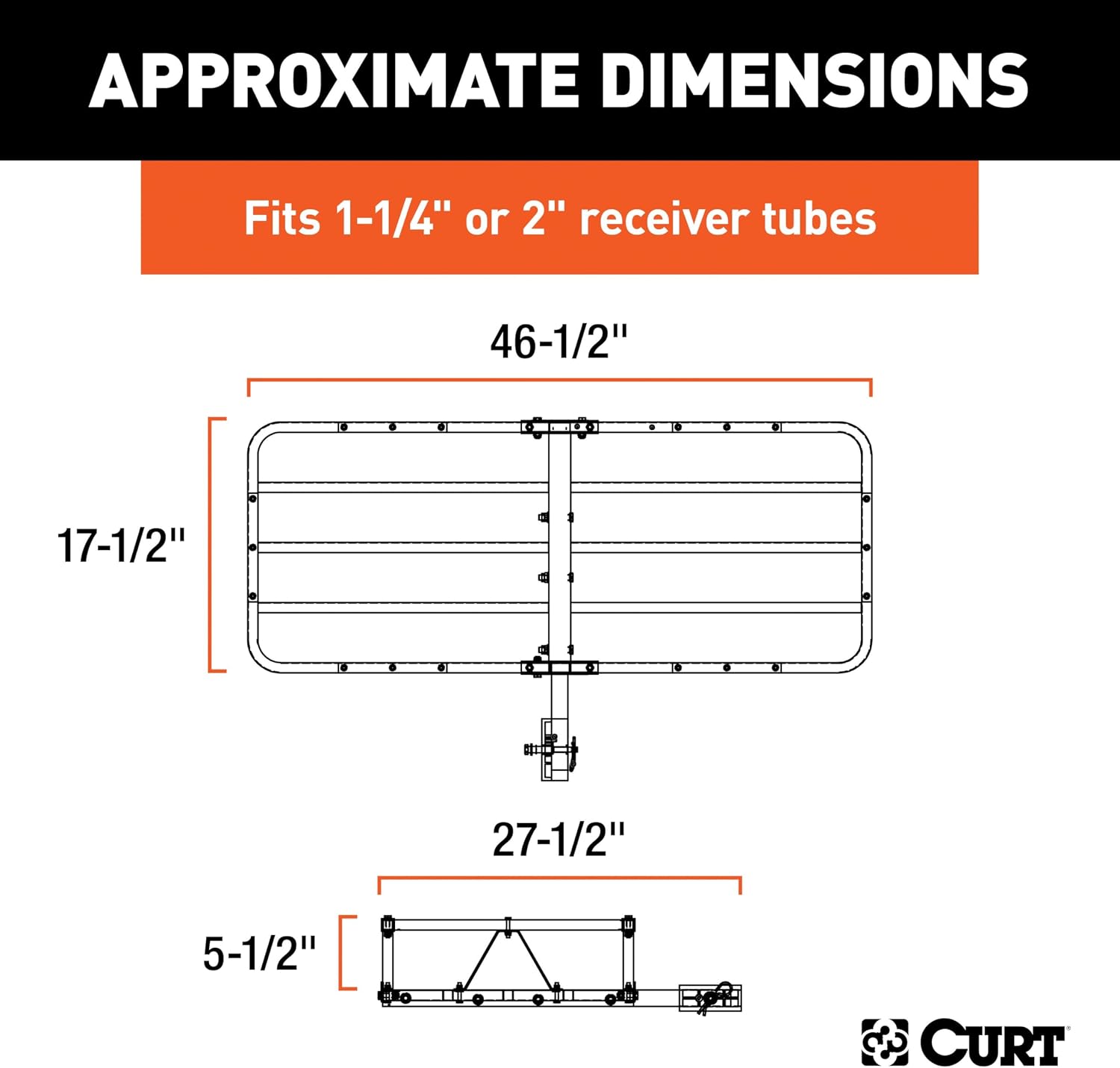 CURT 18145 Cargo Basket Hitch Trailer Hitch Cargo Carrier, 500 lbs. Capacity, 46-1/2-Inch x 17-1/2-Inch x 5-1/2-Inch, Fits 1-1/4 or 2-Inch Receiver