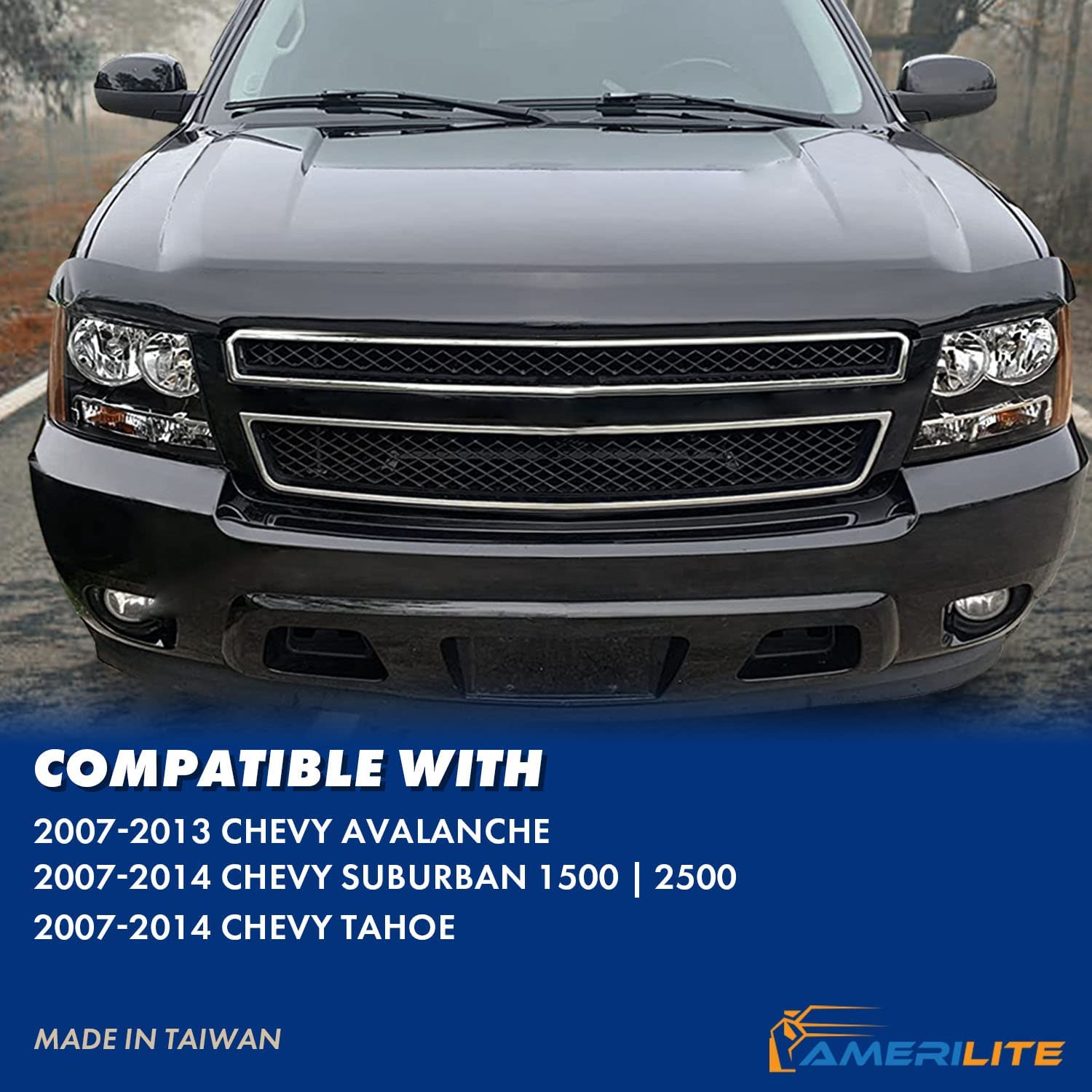 Pair of NTXGlow Amerilite black replacement headlights for Chevy Tahoe, Suburban, and Avalanche with driver and passenger side housings.