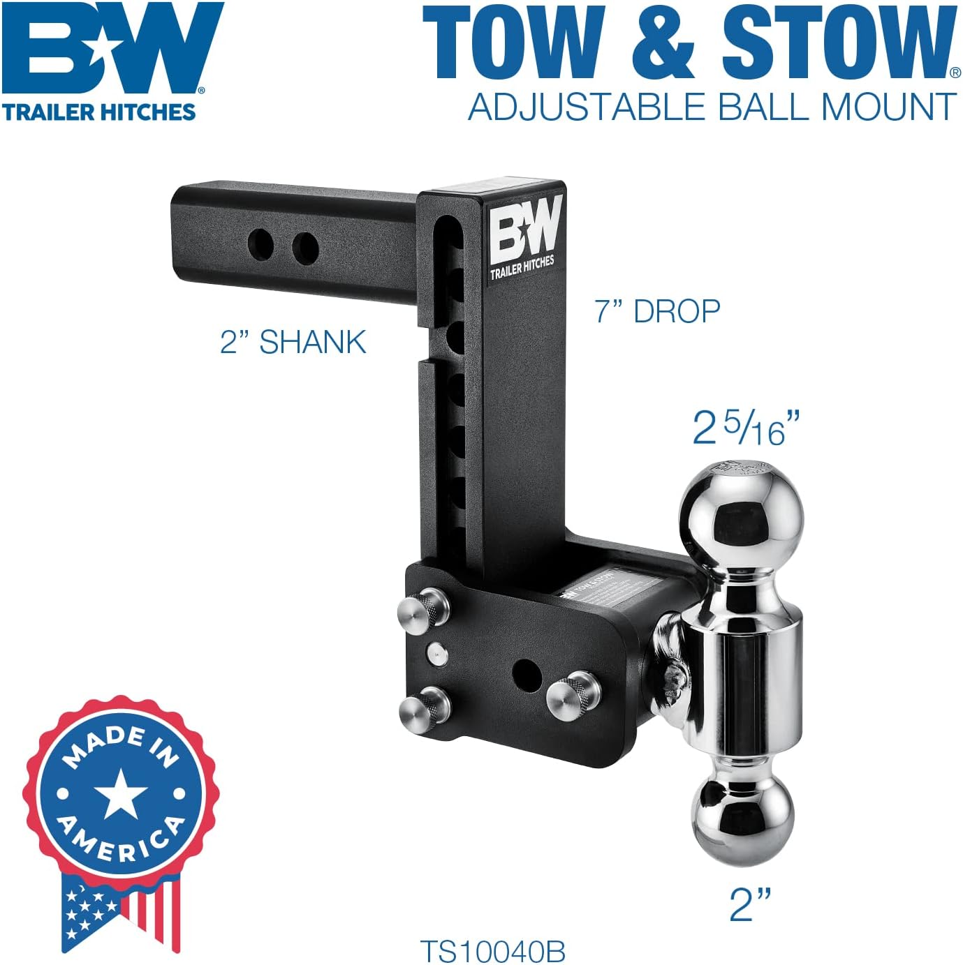 B&W Trailer Hitches Tow & Stow Adjustable Trailer Hitch Ball Mount - Fits 2" Receiver, Dual Ball (2" x 2-5/16"), 7" Drop, 10,000 GTW - TS10040B