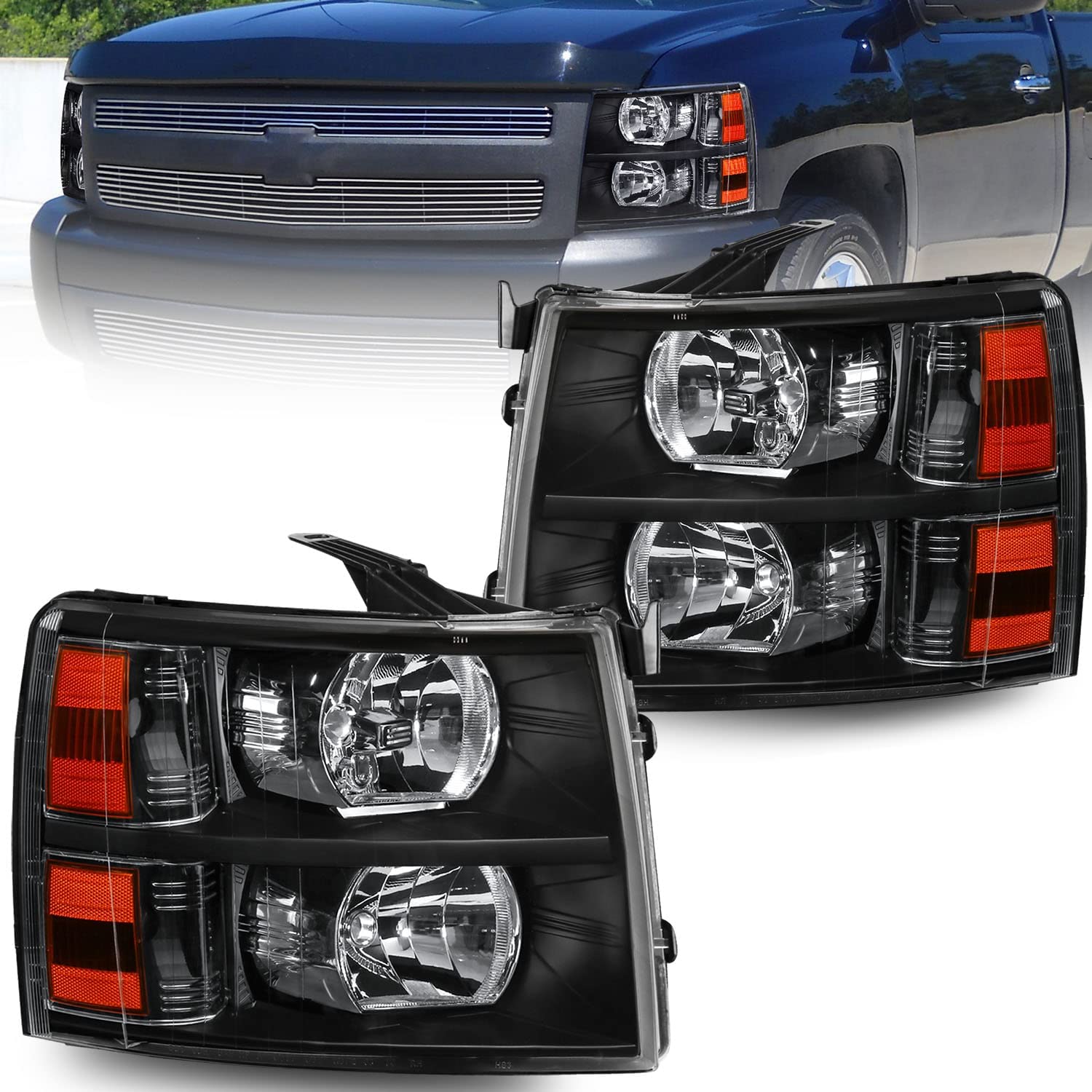 NTXGlow MOSTPLUS Chevy Silverado headlight assembly with black housing, clear lens, and amber reflector, for 1500, 2500, 3500 models.