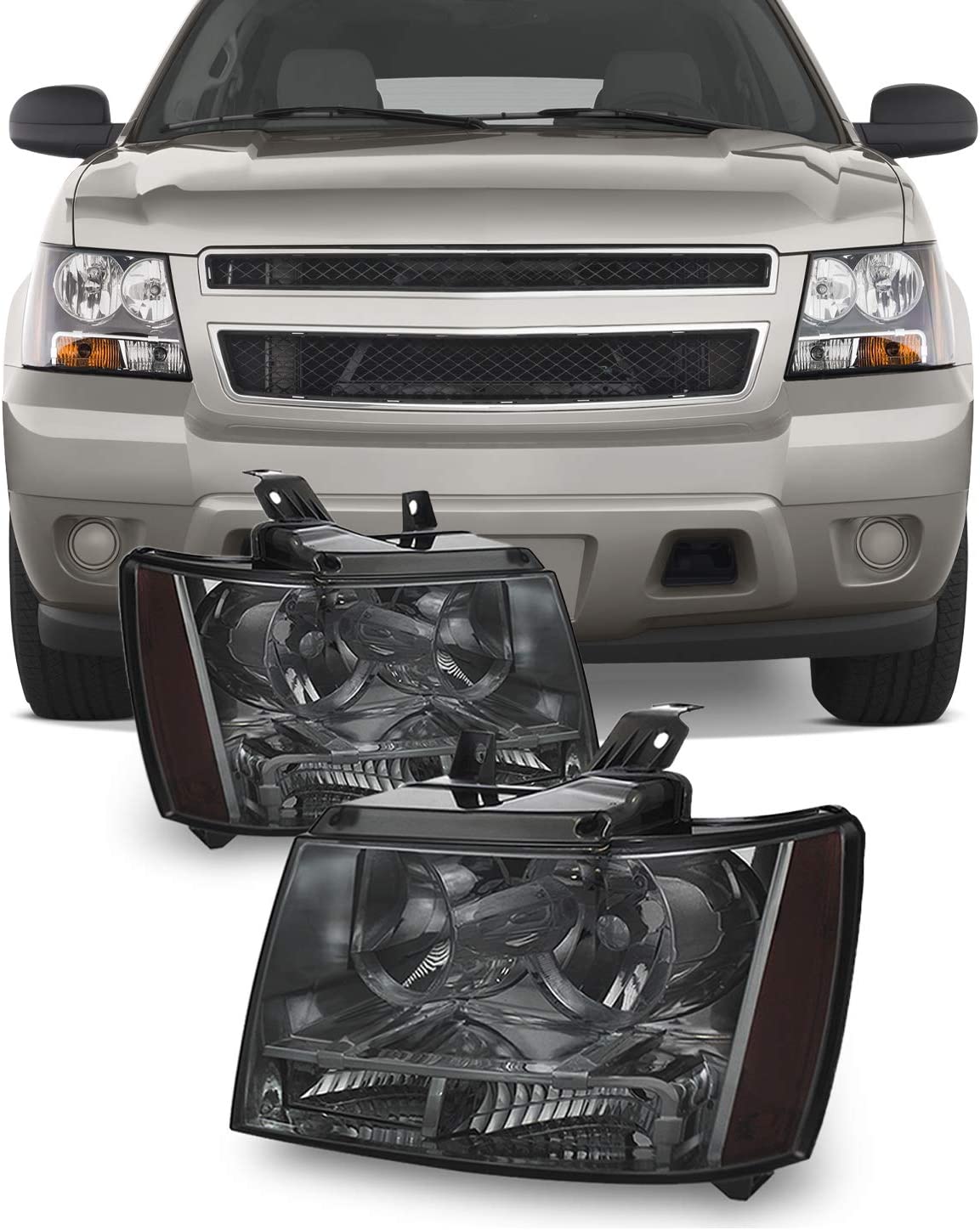 NTXGlow Akkon 0713 chrome clear headlights for Suburban Tahoe Avalanche, left and right, direct replacement lighting for vehicles.