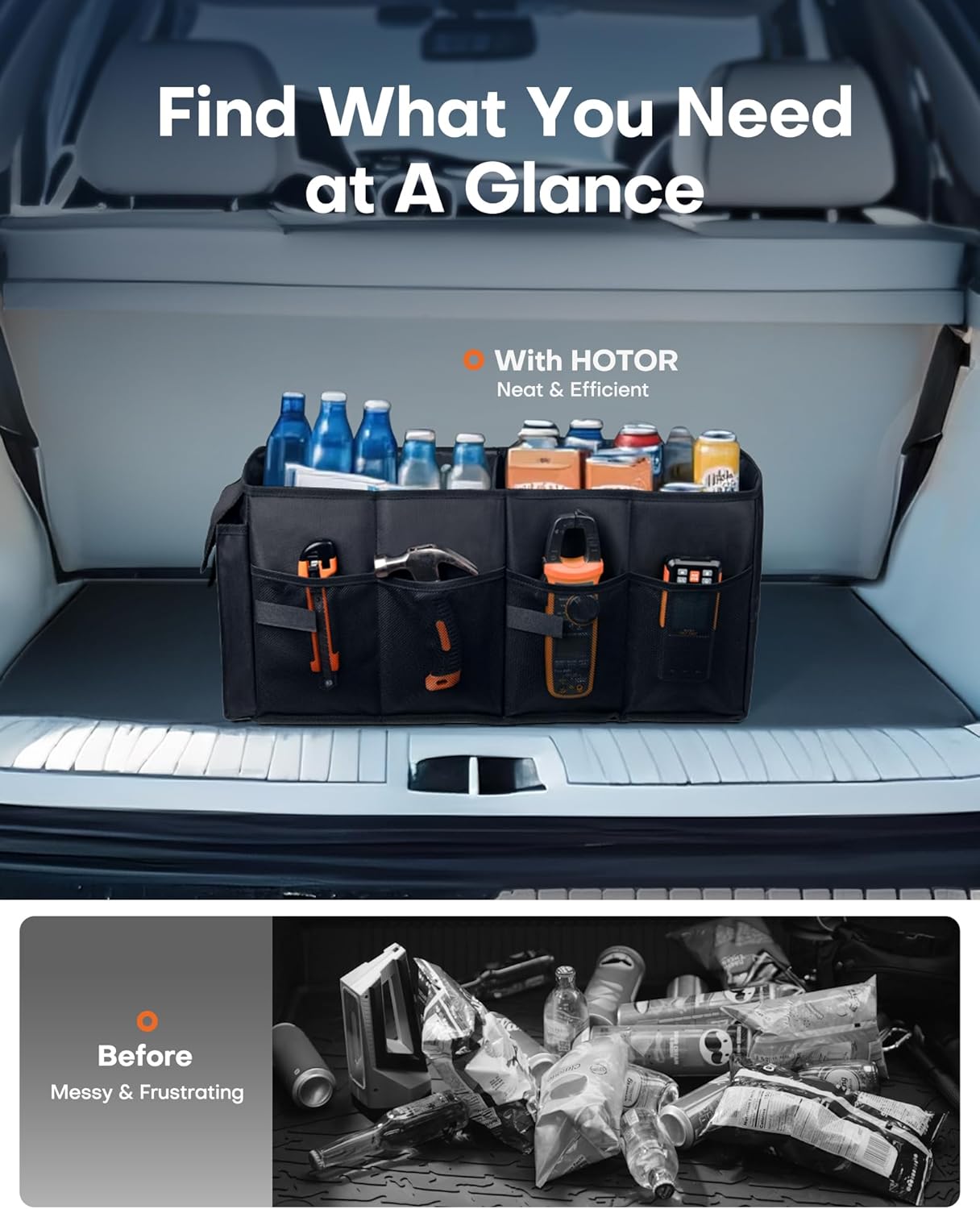 HOTOR Trunk Organizer - Foldable Car Organizer for SUVs & Sedans Storage | Sturdy Car Organization for Men & Women, Car Accessories, Tools, Sundries, Black, 2 Compartments, 21.3" x 12.6" x 10.6"