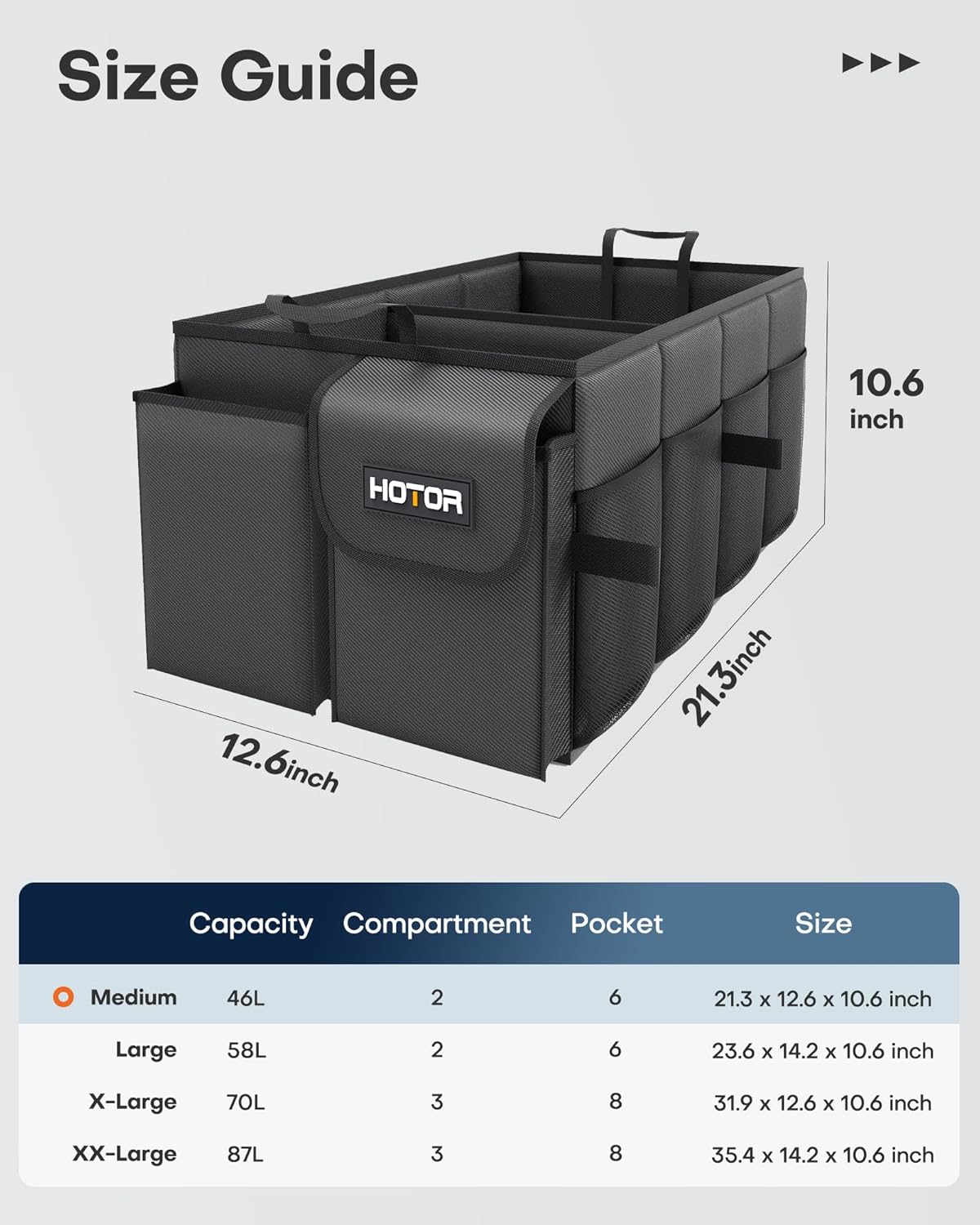 HOTOR Trunk Organizer - Foldable Car Organizer for SUVs & Sedans Storage | Sturdy Car Organization for Men & Women, Car Accessories, Tools, Sundries, Black, 2 Compartments, 21.3" x 12.6" x 10.6"