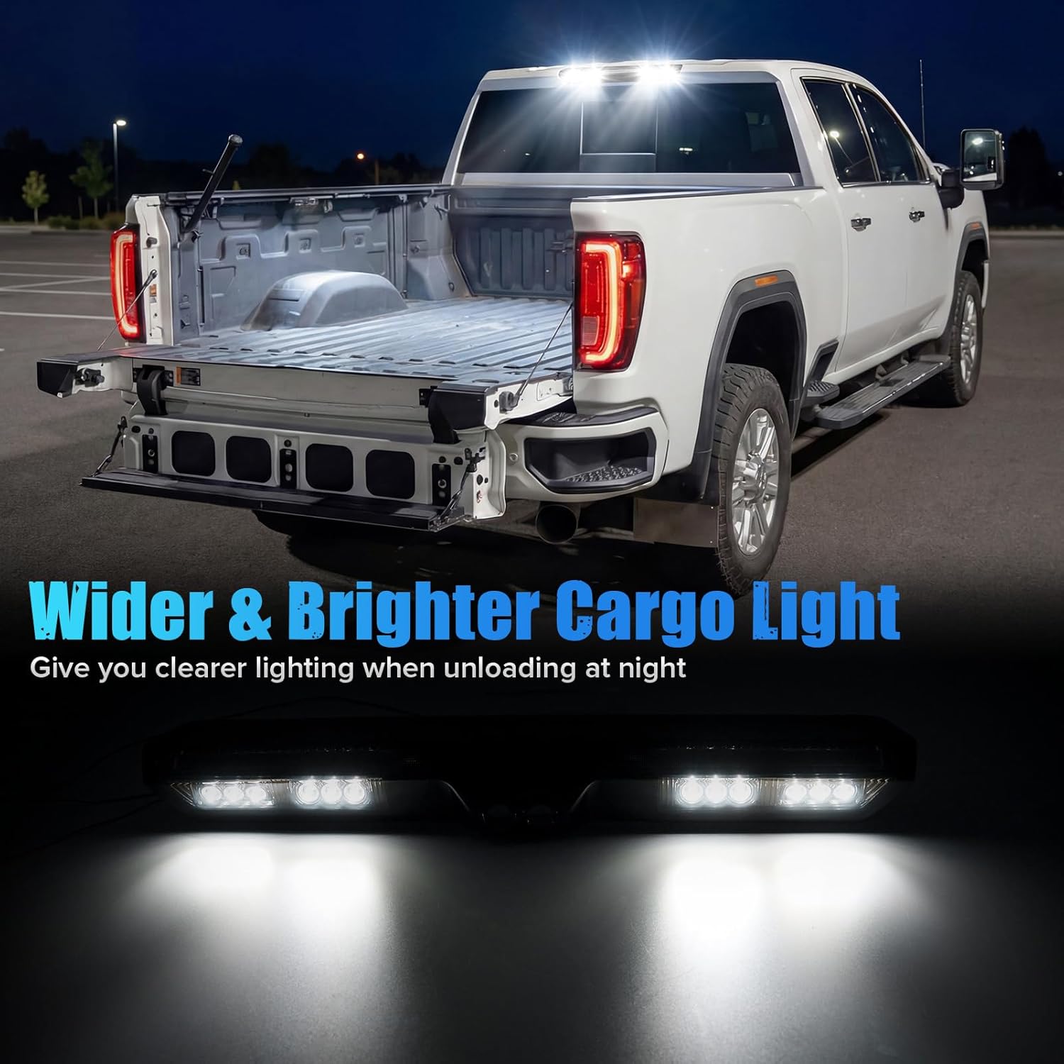 Smoked LED 3rd brake light for GMC Sierra and Chevy Silverado, 2020-2026 models, installed on the vehicle's rear.