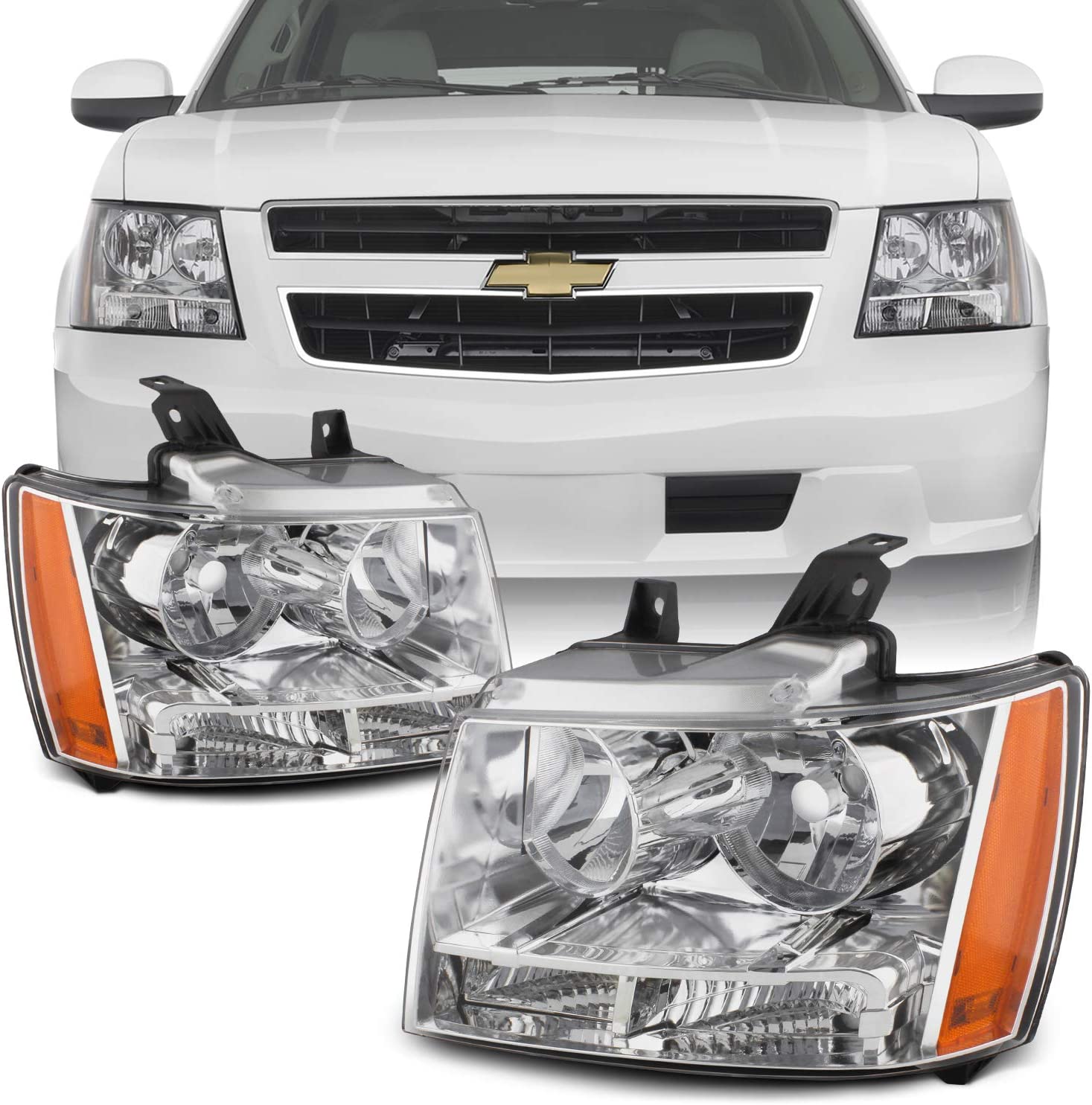 NTXGlow Akkon For 0713 Suburban Tahoe Avalanche chrome clear headlights, left and right side, direct replacement automotive lighting