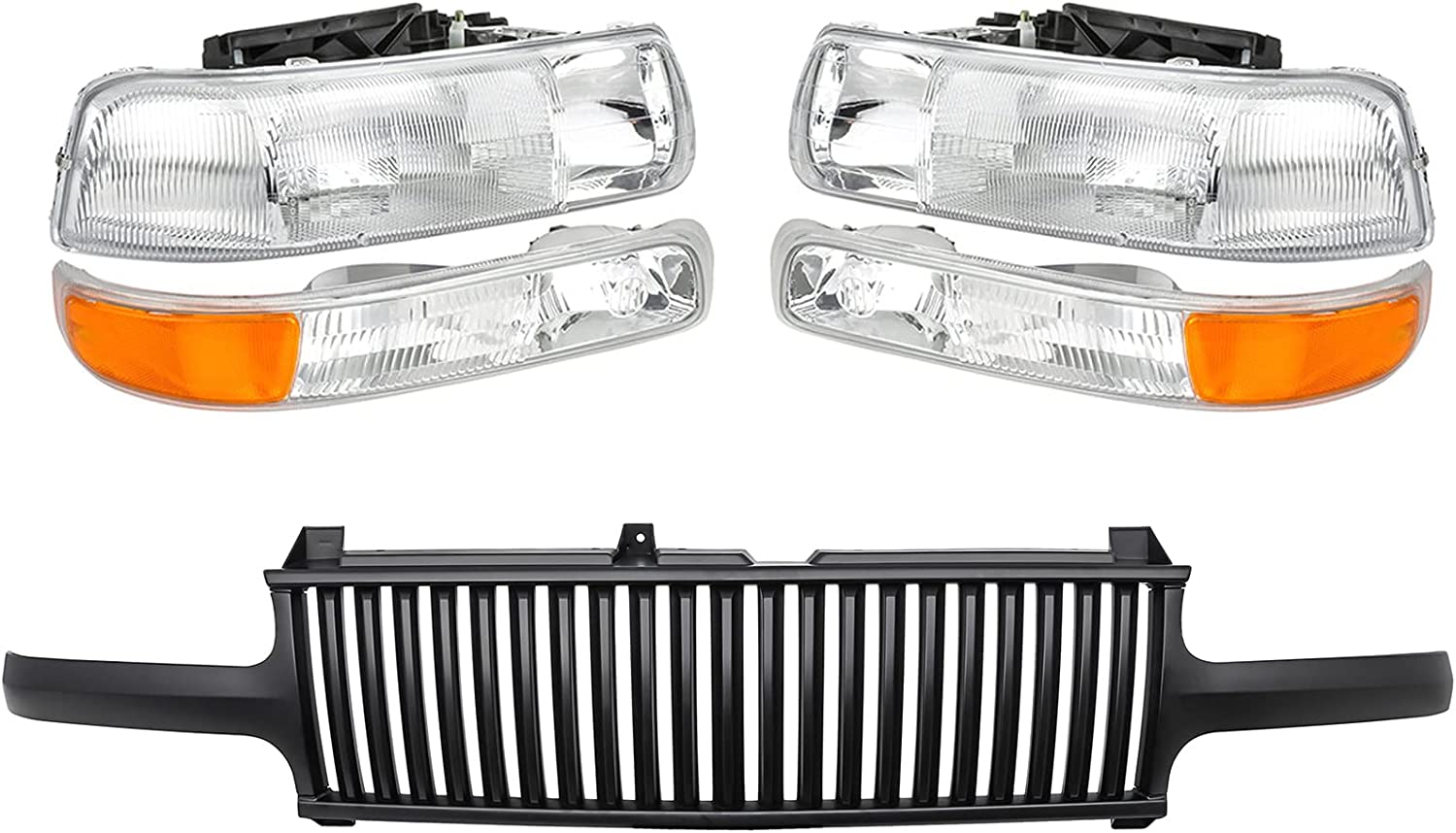 NTXGlow A&P 4PC chrome headlight assembly with clear lens for Chevy Tahoe, Suburban, Silverado 1500-2500 trucks.