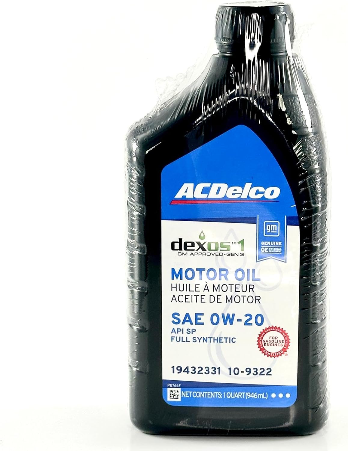 ACDelco 10-9322 19432331 dexos1 GEN 3 Full Synthetic 0W-20 Motor Oil - For 5.3L L82/L84 & 6.2L L87 | Case of 6 Quarts