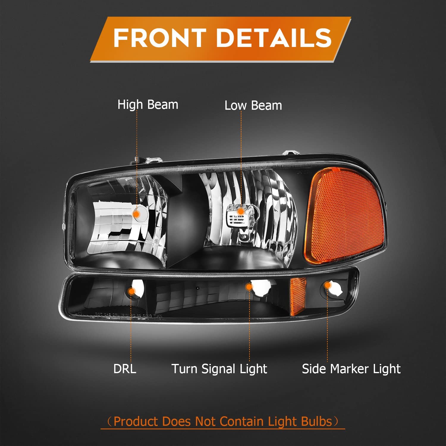 NTXGlow black housing headlight assembly for GMC Sierra 1500, 2500, 1999-2007 with clear lens and amber reflector, driver and passenger side