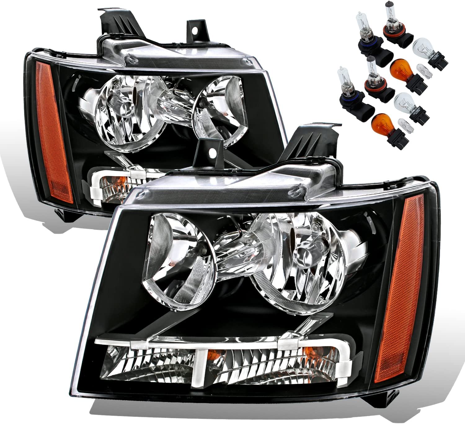 Pair of NTXGlow Amerilite black replacement headlights for Chevy Tahoe, Suburban, and Avalanche, driver and passenger side.