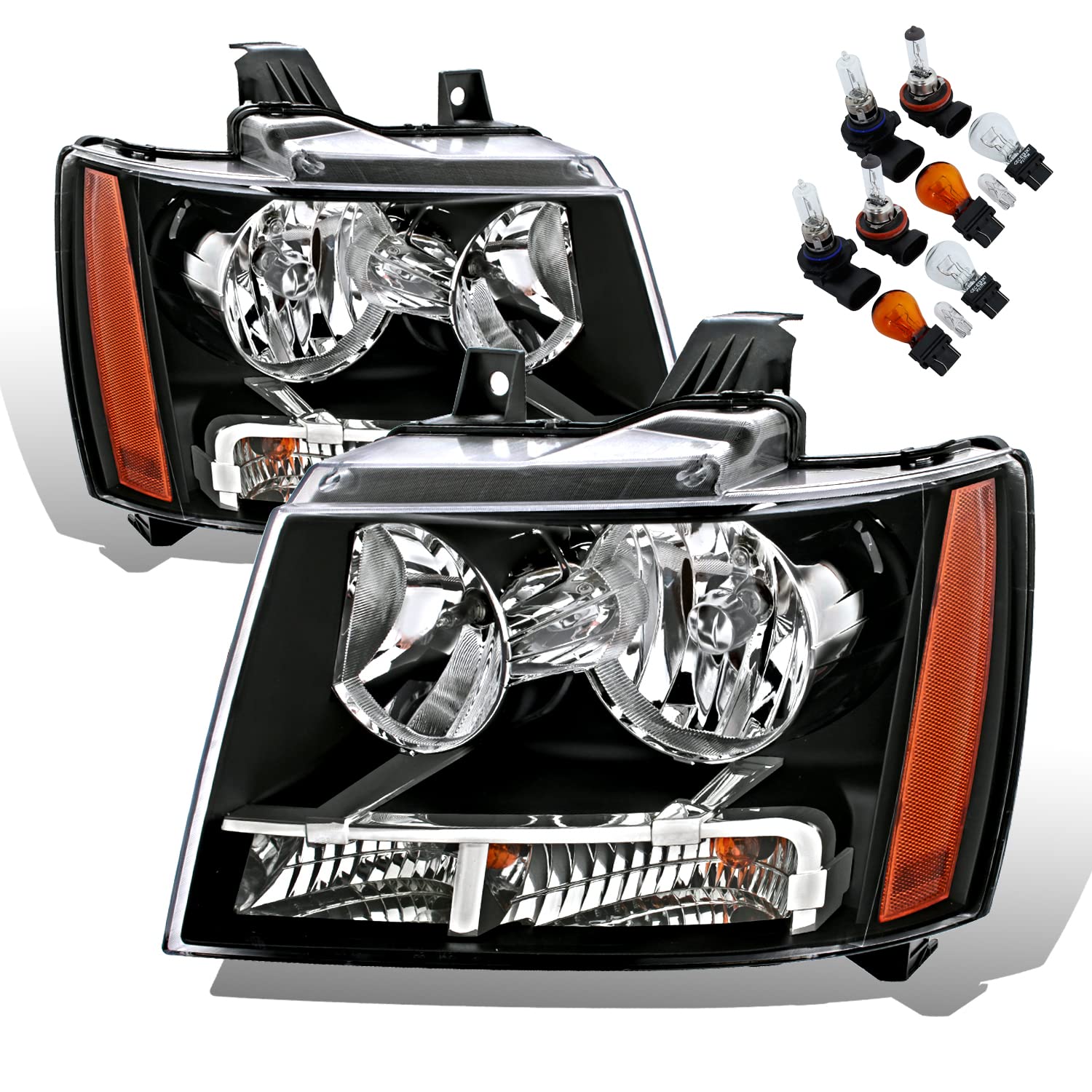 Pair of NTXGlow Amerilite black replacement headlights for Chevy Tahoe, Suburban, and Avalanche, driver and passenger side housings.