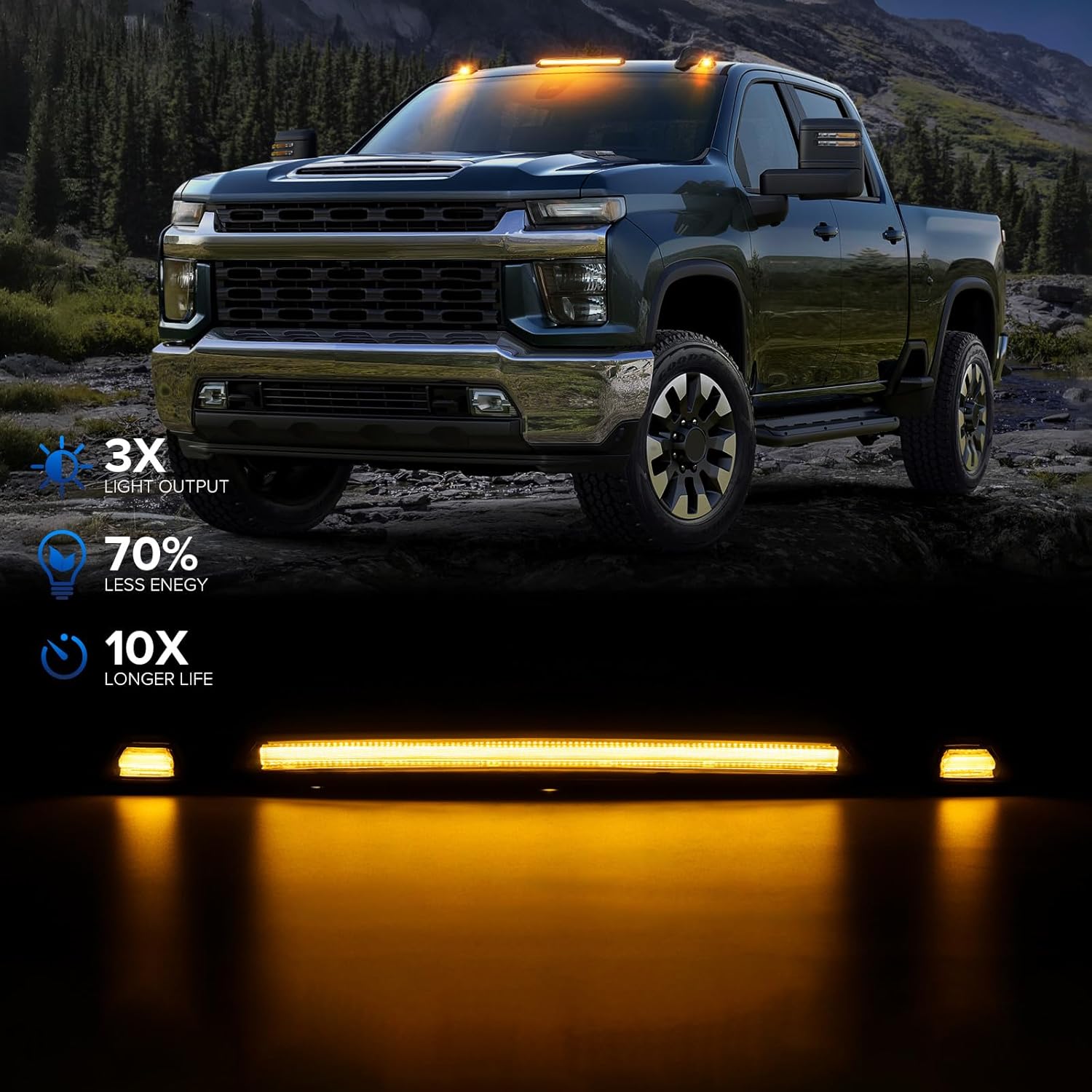 GMC Chevy HD smoked white amber LED roof cab lights installed on vehicle exterior, providing bright, durable lighting.
