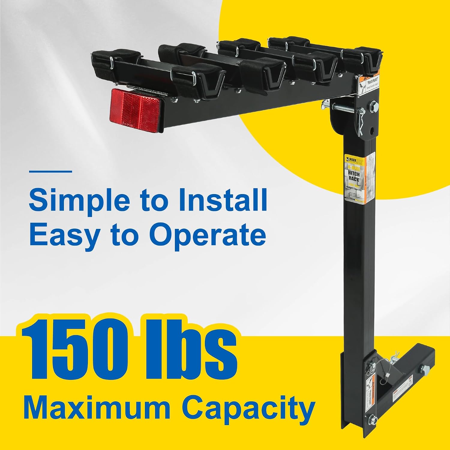 MaxxHaul Hitch Mount 4 Bike Rack 150 lb Capacity Heavy‑Duty Swing Down Design Fits Cars Trucks SUVs and Minivans with Safety Reflector Easy Install (70210)