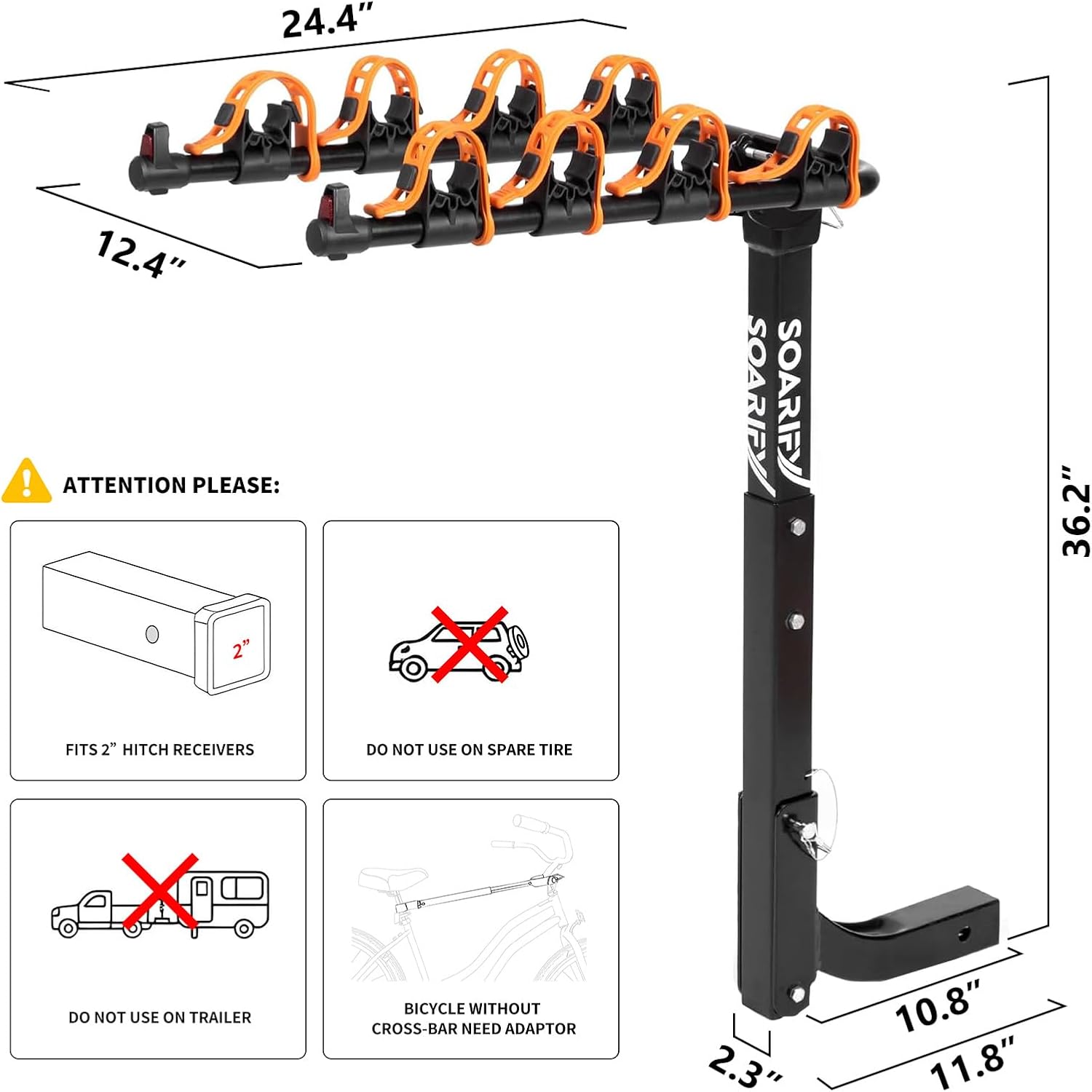 Bike Rack for Car, SUV, RV, Mount Hitch Bike Rack, Up to 143 lbs Load Bicycle Rack Carrier Rubber Straps, Tilt Release with 2" Hitch for Cars (4 Bikes)