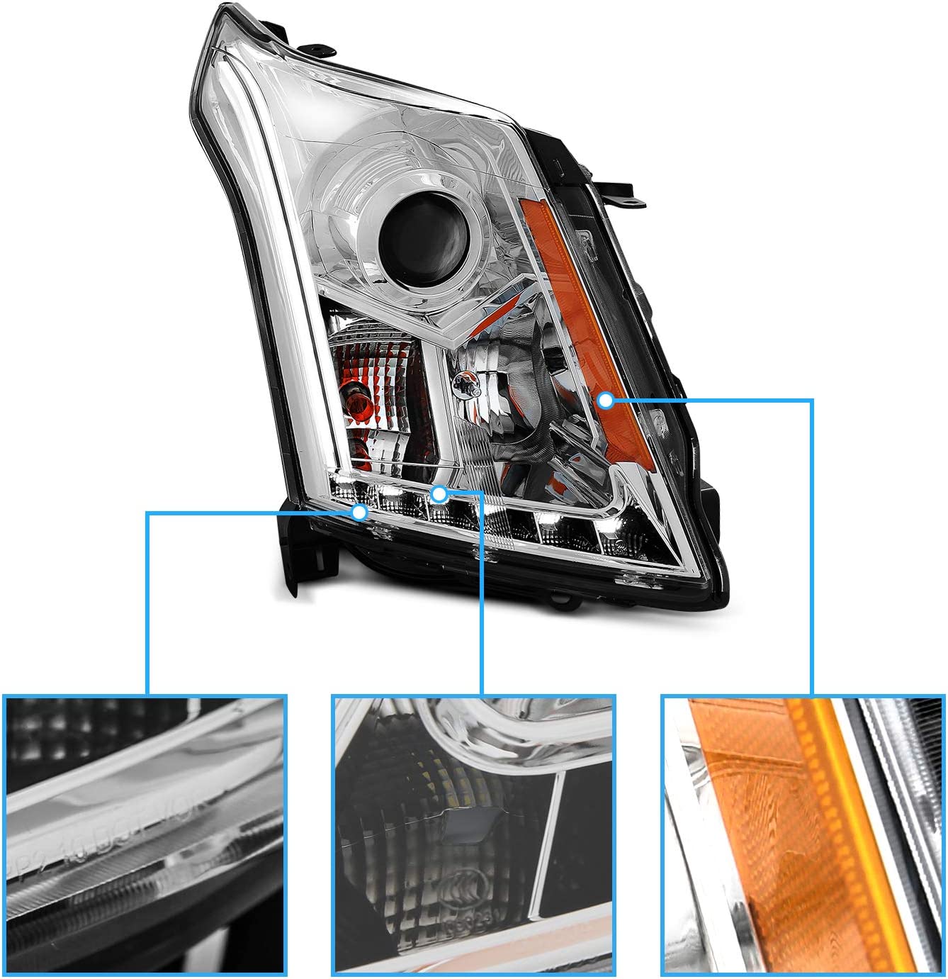 NTXGlow Amerilite chrome projector LED headlight boards for Cadillac SRX 2010-2016, passenger and driver side lighting upgrade
