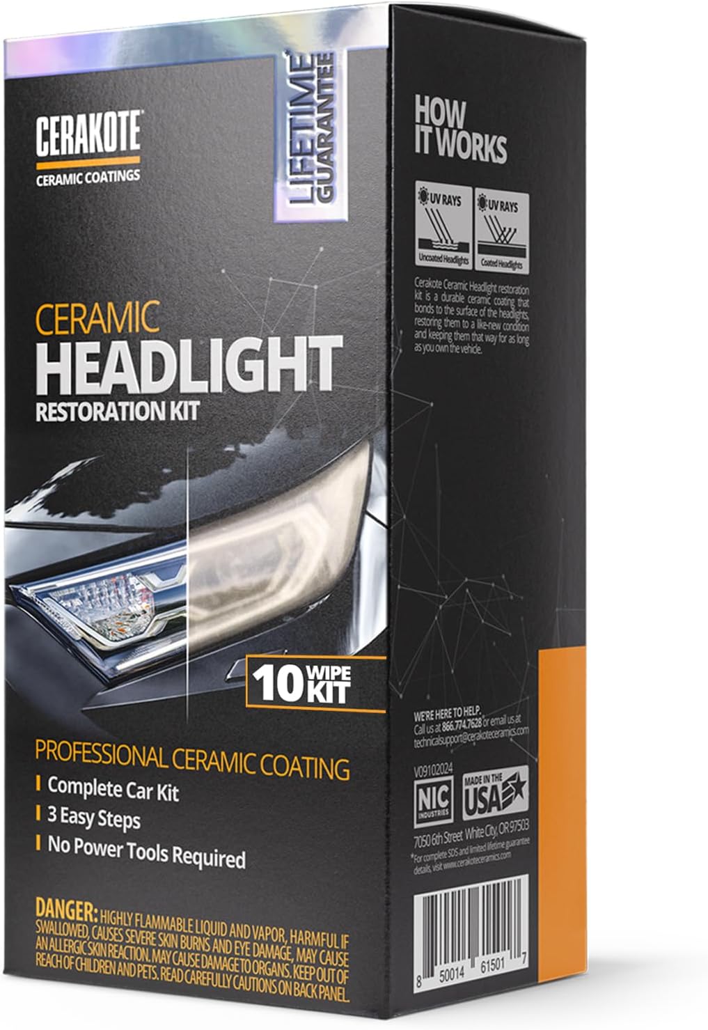 CERAKOTE® Ceramic Headlight Restoration Kit, No Power Tools, 10 Wipe Kit | Restores clouded, yellowed headlights, ceramic UV protection, 3-step wipe system, no power tools needed