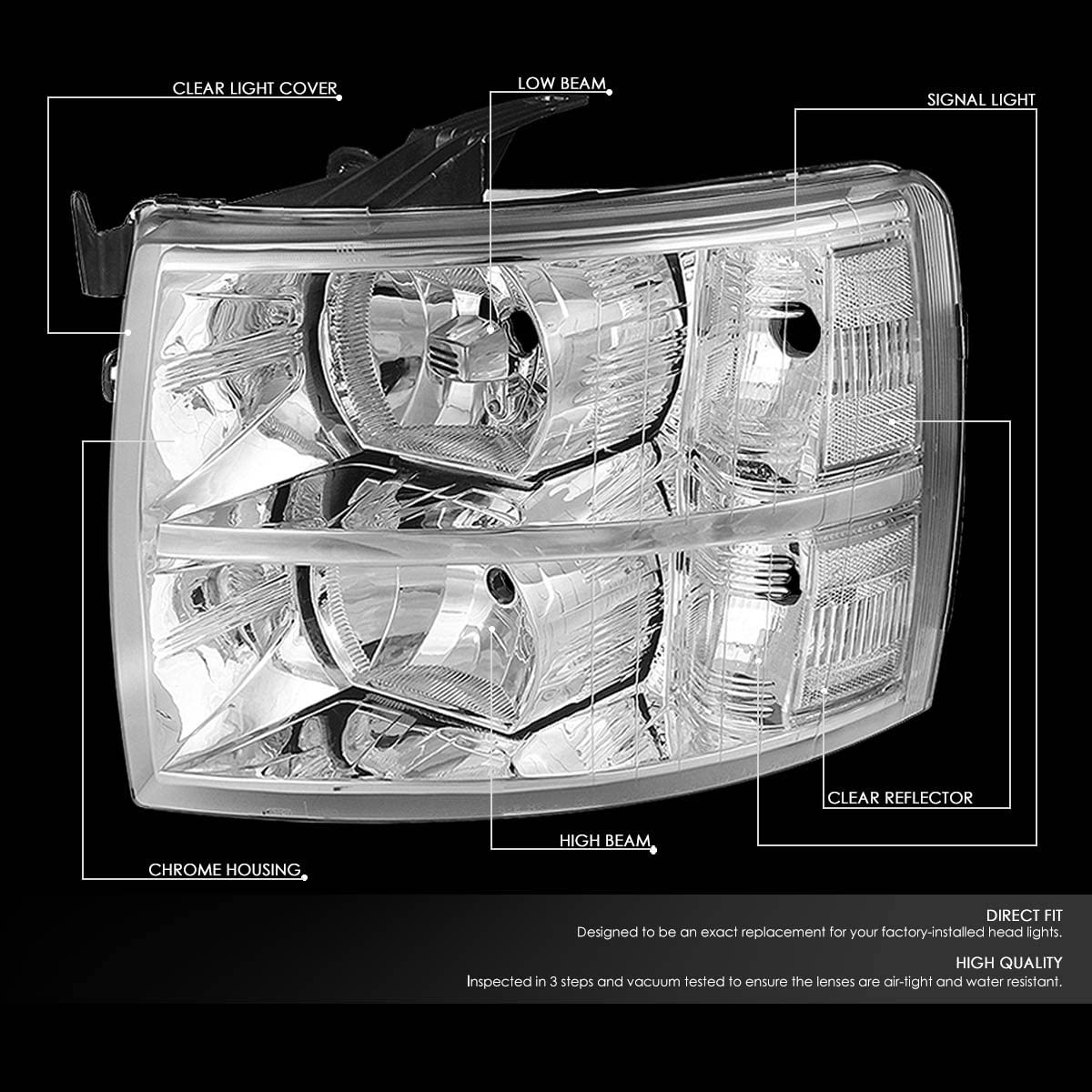 Chrome housing headlights for Silverado 1500 and 2500 HD trucks, compatible with models 07-13, by NTXGlow.