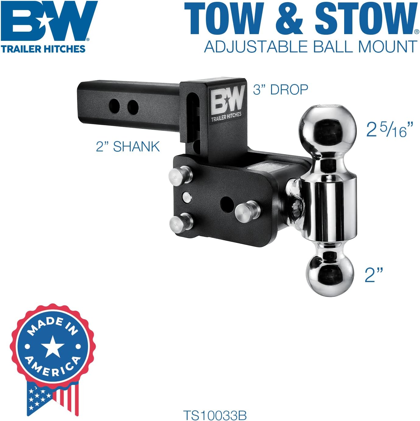 B&W Trailer Hitches Tow & Stow Adjustable Trailer Hitch Ball Mount - Fits 2" Receiver, Dual Ball (2" x 2-5/16"), 3" Drop, 10,000 GTW - TS10033B