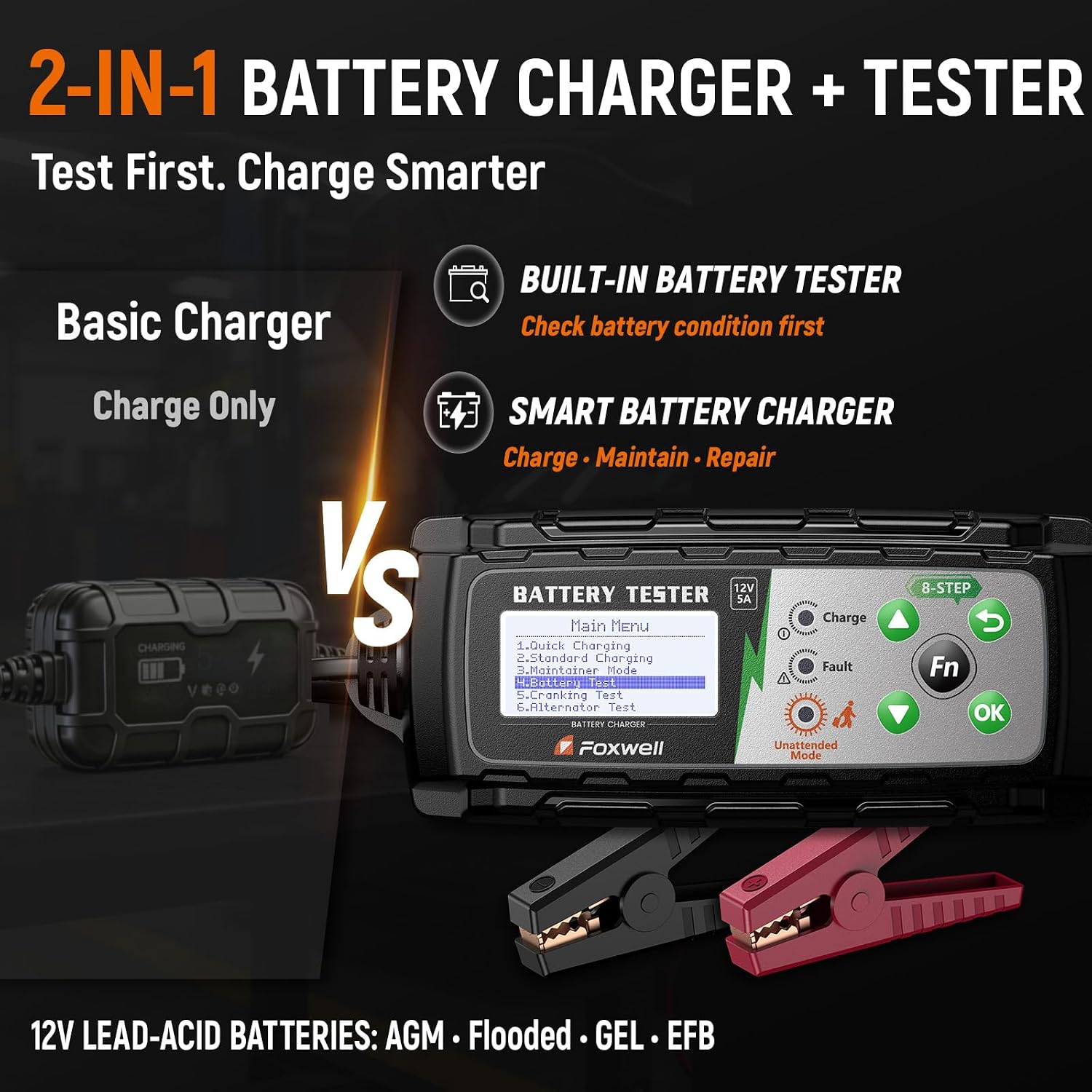 FOXWELL BC521 2-in-1 Battery Charger & Tester, Test Before Charging 12V 5A