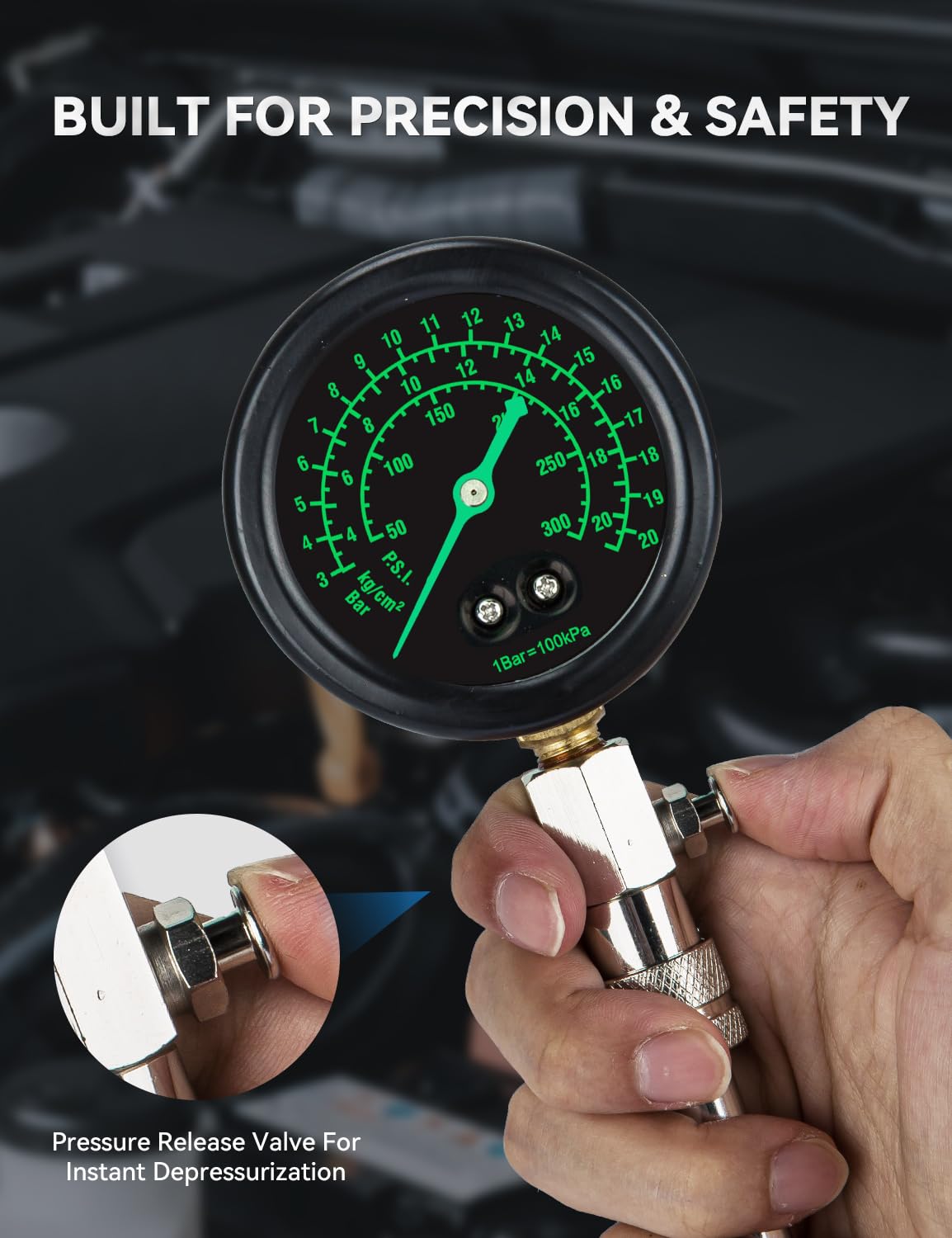 AUTOWN Professional Compression Tester Kit with Fluorescent Gauge – 300 PSI Triple-Scale, 2 Spark Plug Testers, 13-Piece Set for Car, Truck, ATV & Small Gas Engines