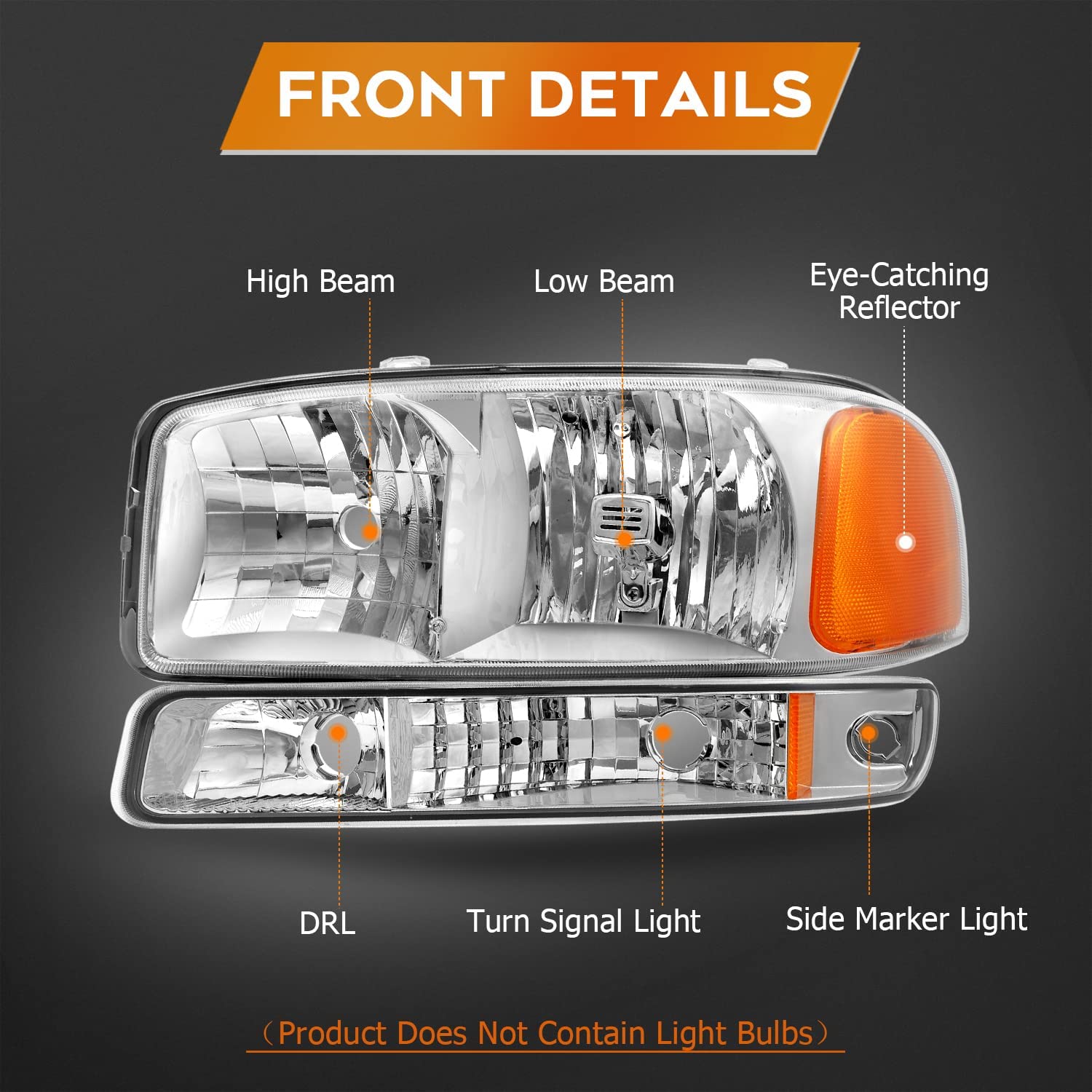 NTXGlow GMC Sierra 1500 headlight assembly with chrome housing, amber reflector, and clear lens for driver and passenger sides.