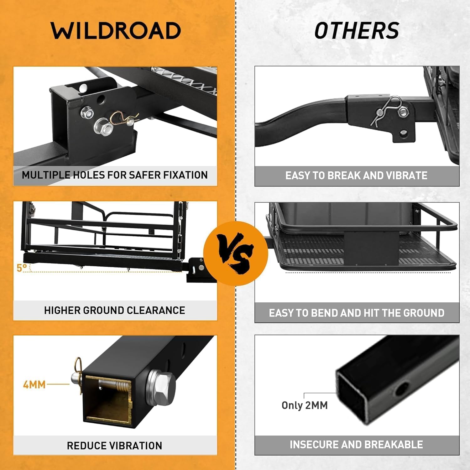 Wildroad 60"x24"x14" Hitch Cargo Carrier, Fits 2" Receiver - Bike Rack Set | 500-lb Load Capacity, Heavy-Duty Steel Construction, 14" High Side Rails, Folding Cargo Basket, for Car SUV Camping Travel